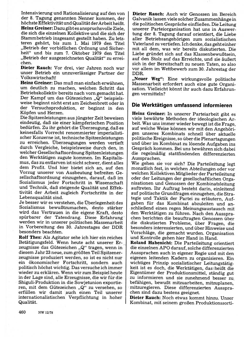 Neuer Weg (NW), Organ des Zentralkomitees (ZK) der SED (Sozialistische Einheitspartei Deutschlands) für Fragen des Parteilebens, 33. Jahrgang [Deutsche Demokratische Republik (DDR)] 1978, Seite 460 (NW ZK SED DDR 1978, S. 460)