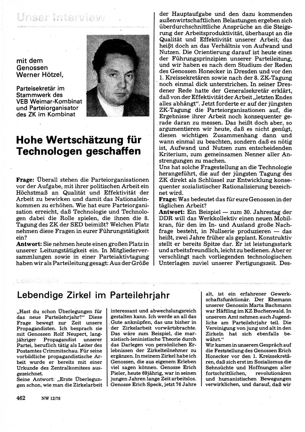 Neuer Weg (NW), Organ des Zentralkomitees (ZK) der SED (Sozialistische Einheitspartei Deutschlands) für Fragen des Parteilebens, 33. Jahrgang [Deutsche Demokratische Republik (DDR)] 1978, Seite 462 (NW ZK SED DDR 1978, S. 462)