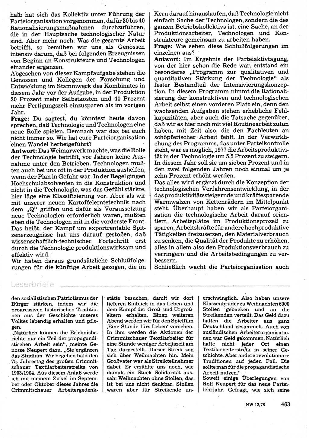 Neuer Weg (NW), Organ des Zentralkomitees (ZK) der SED (Sozialistische Einheitspartei Deutschlands) für Fragen des Parteilebens, 33. Jahrgang [Deutsche Demokratische Republik (DDR)] 1978, Seite 463 (NW ZK SED DDR 1978, S. 463)