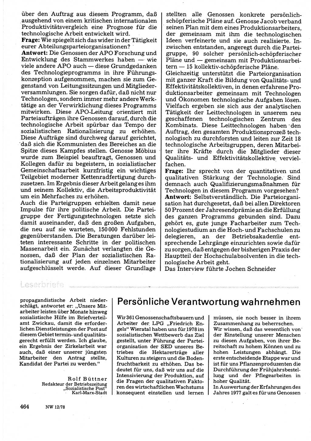 Neuer Weg (NW), Organ des Zentralkomitees (ZK) der SED (Sozialistische Einheitspartei Deutschlands) für Fragen des Parteilebens, 33. Jahrgang [Deutsche Demokratische Republik (DDR)] 1978, Seite 464 (NW ZK SED DDR 1978, S. 464)