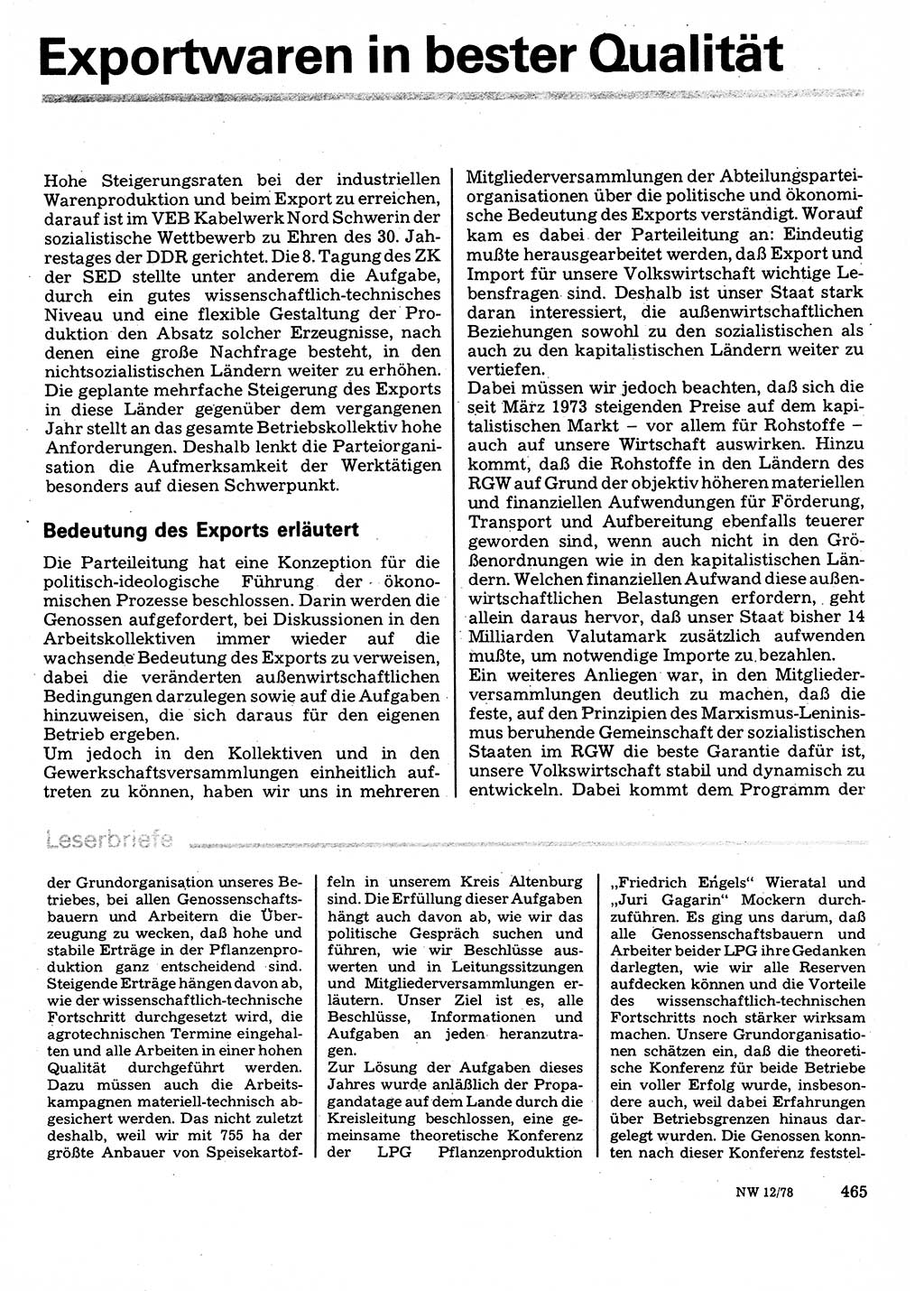Neuer Weg (NW), Organ des Zentralkomitees (ZK) der SED (Sozialistische Einheitspartei Deutschlands) für Fragen des Parteilebens, 33. Jahrgang [Deutsche Demokratische Republik (DDR)] 1978, Seite 465 (NW ZK SED DDR 1978, S. 465)