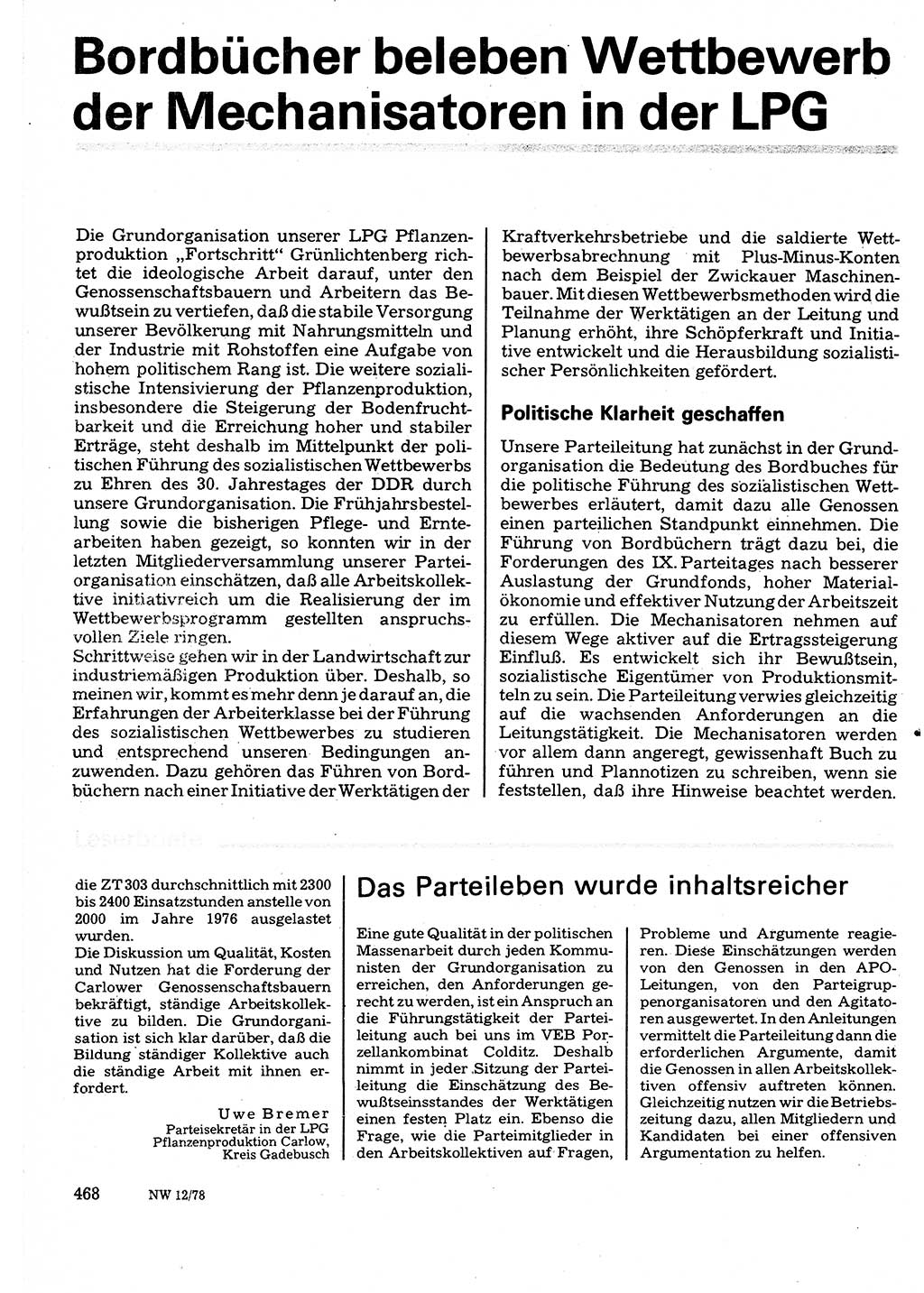 Neuer Weg (NW), Organ des Zentralkomitees (ZK) der SED (Sozialistische Einheitspartei Deutschlands) für Fragen des Parteilebens, 33. Jahrgang [Deutsche Demokratische Republik (DDR)] 1978, Seite 468 (NW ZK SED DDR 1978, S. 468)