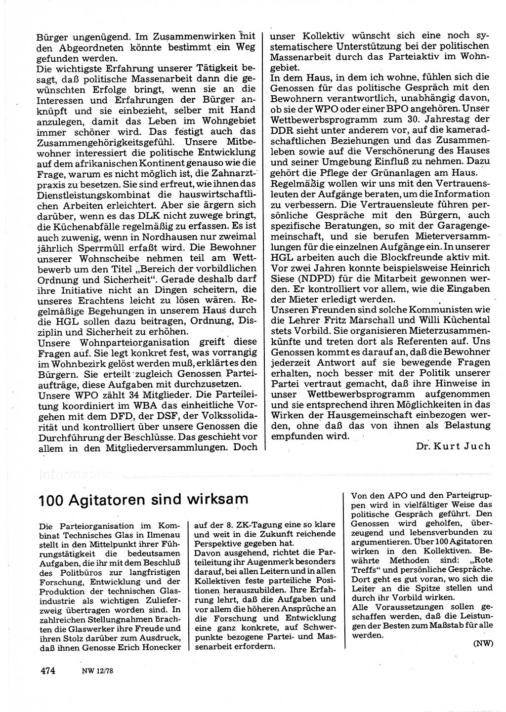 Neuer Weg (NW), Organ des Zentralkomitees (ZK) der SED (Sozialistische Einheitspartei Deutschlands) für Fragen des Parteilebens, 33. Jahrgang [Deutsche Demokratische Republik (DDR)] 1978, Seite 474 (NW ZK SED DDR 1978, S. 474)