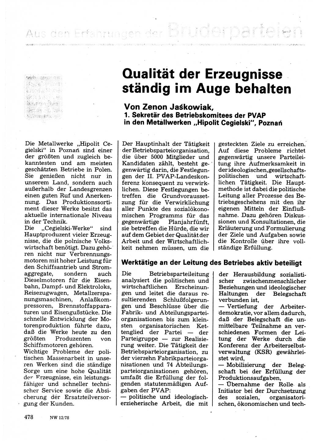Neuer Weg (NW), Organ des Zentralkomitees (ZK) der SED (Sozialistische Einheitspartei Deutschlands) für Fragen des Parteilebens, 33. Jahrgang [Deutsche Demokratische Republik (DDR)] 1978, Seite 478 (NW ZK SED DDR 1978, S. 478)