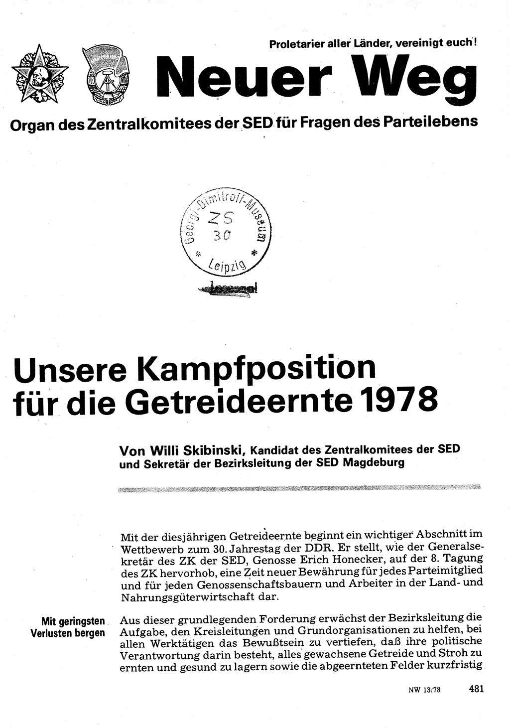 Neuer Weg (NW), Organ des Zentralkomitees (ZK) der SED (Sozialistische Einheitspartei Deutschlands) für Fragen des Parteilebens, 33. Jahrgang [Deutsche Demokratische Republik (DDR)] 1978, Seite 481 (NW ZK SED DDR 1978, S. 481)