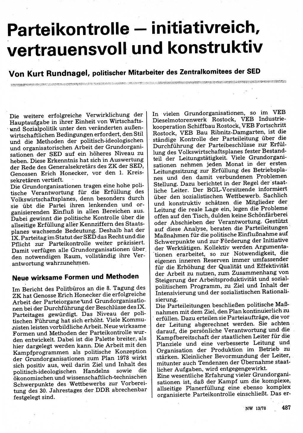 Neuer Weg (NW), Organ des Zentralkomitees (ZK) der SED (Sozialistische Einheitspartei Deutschlands) für Fragen des Parteilebens, 33. Jahrgang [Deutsche Demokratische Republik (DDR)] 1978, Seite 487 (NW ZK SED DDR 1978, S. 487)