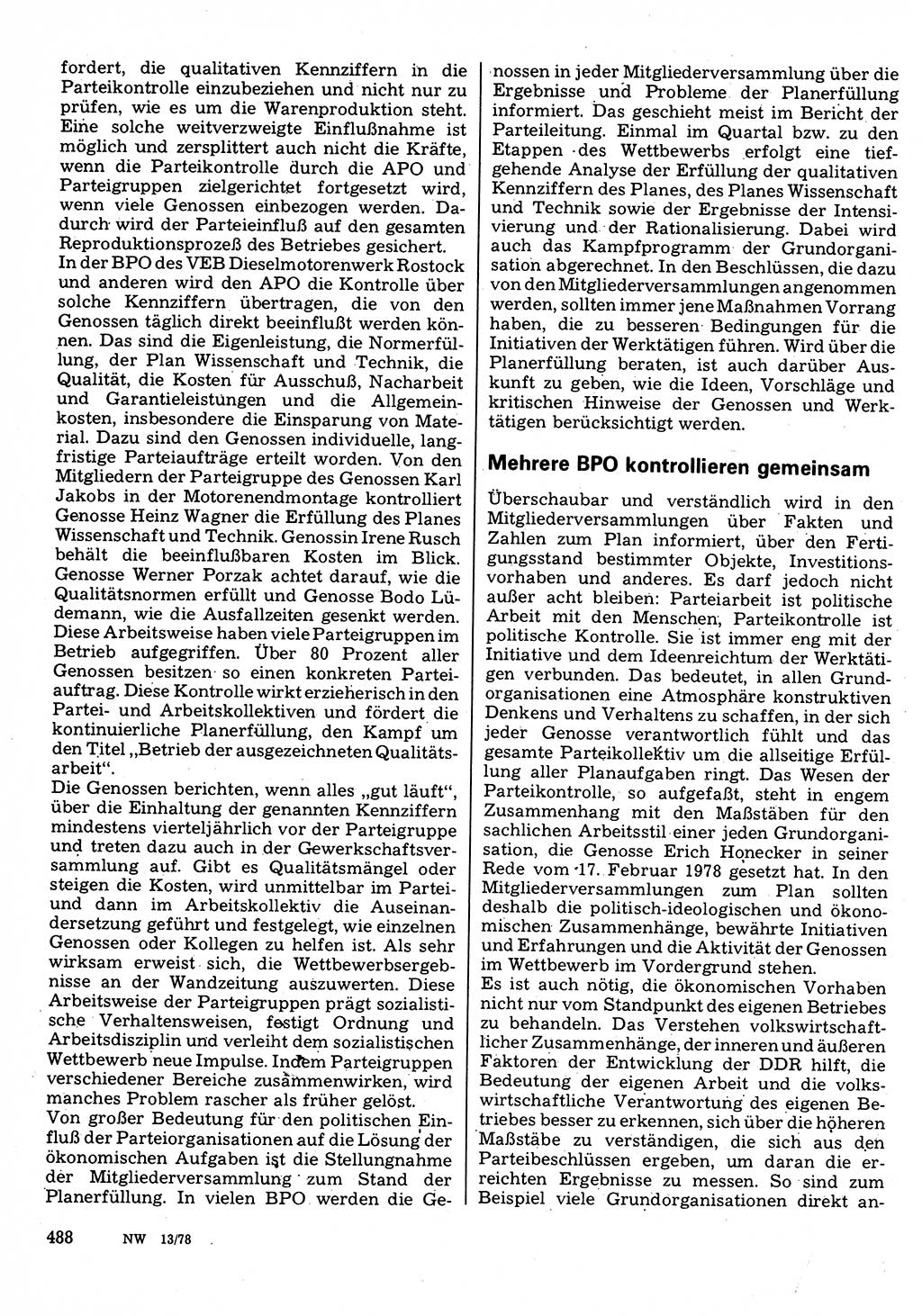 Neuer Weg (NW), Organ des Zentralkomitees (ZK) der SED (Sozialistische Einheitspartei Deutschlands) für Fragen des Parteilebens, 33. Jahrgang [Deutsche Demokratische Republik (DDR)] 1978, Seite 488 (NW ZK SED DDR 1978, S. 488)