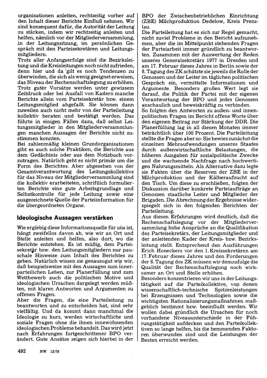 Neuer Weg (NW), Organ des Zentralkomitees (ZK) der SED (Sozialistische Einheitspartei Deutschlands) für Fragen des Parteilebens, 33. Jahrgang [Deutsche Demokratische Republik (DDR)] 1978, Seite 492 (NW ZK SED DDR 1978, S. 492)