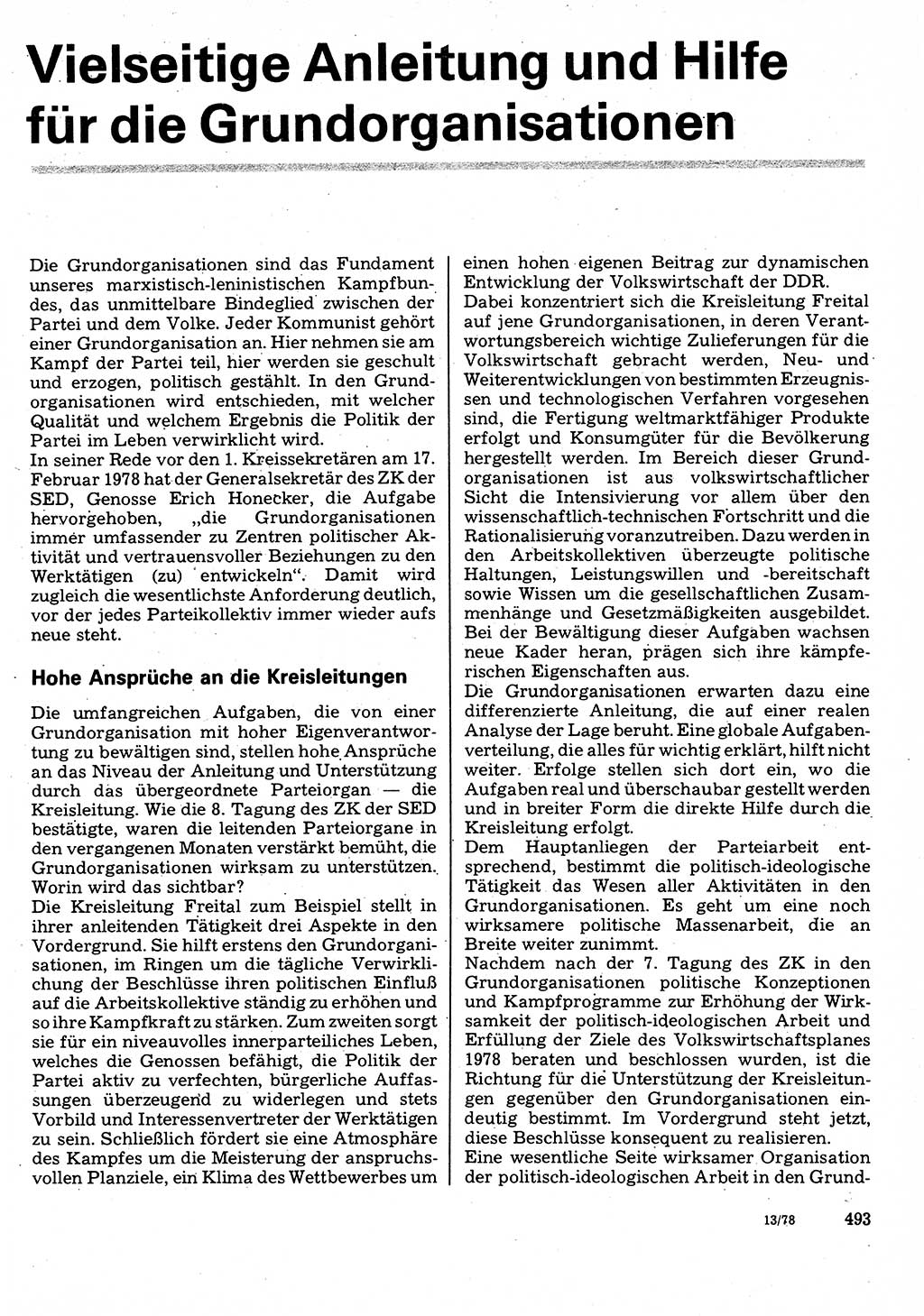 Neuer Weg (NW), Organ des Zentralkomitees (ZK) der SED (Sozialistische Einheitspartei Deutschlands) für Fragen des Parteilebens, 33. Jahrgang [Deutsche Demokratische Republik (DDR)] 1978, Seite 493 (NW ZK SED DDR 1978, S. 493)