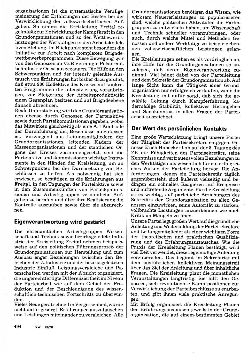 Neuer Weg (NW), Organ des Zentralkomitees (ZK) der SED (Sozialistische Einheitspartei Deutschlands) für Fragen des Parteilebens, 33. Jahrgang [Deutsche Demokratische Republik (DDR)] 1978, Seite 494 (NW ZK SED DDR 1978, S. 494)