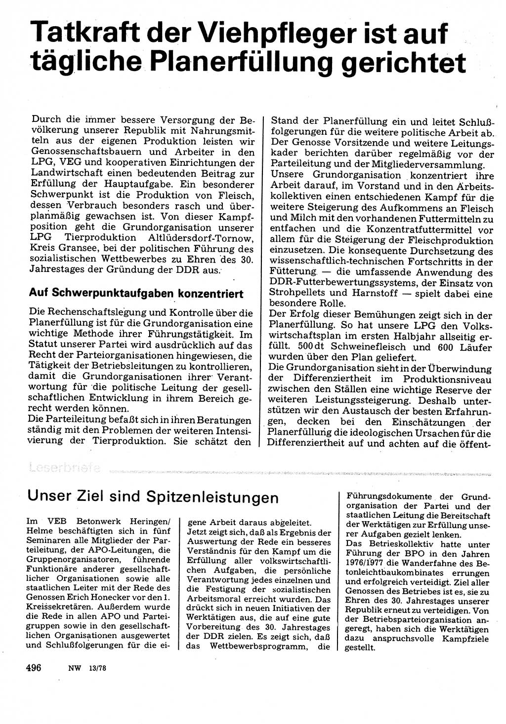 Neuer Weg (NW), Organ des Zentralkomitees (ZK) der SED (Sozialistische Einheitspartei Deutschlands) für Fragen des Parteilebens, 33. Jahrgang [Deutsche Demokratische Republik (DDR)] 1978, Seite 496 (NW ZK SED DDR 1978, S. 496)