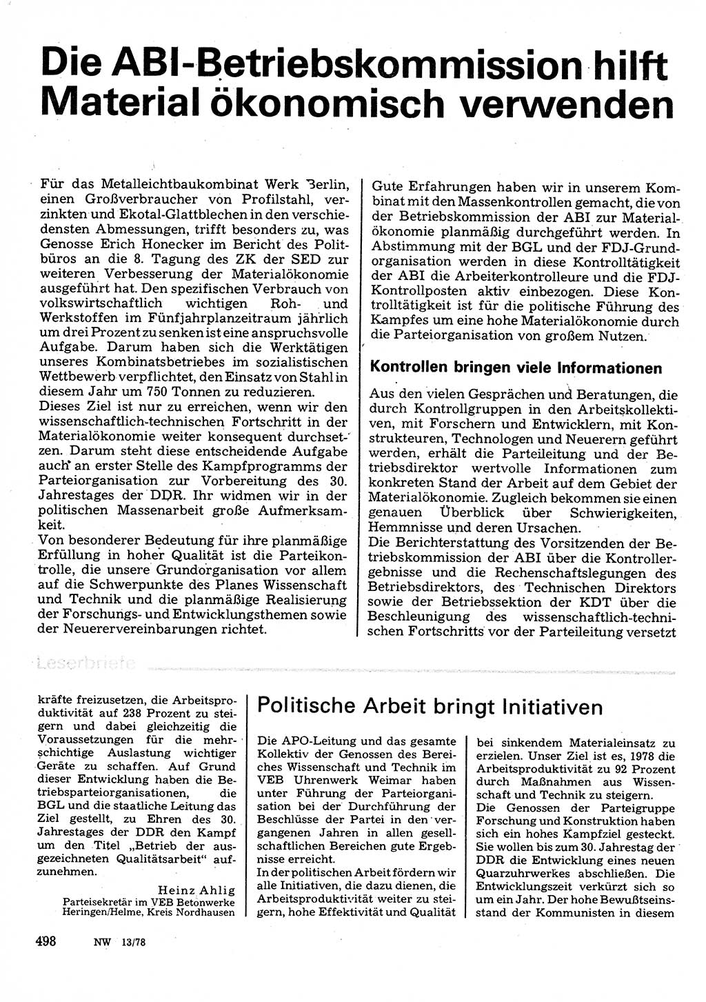 Neuer Weg (NW), Organ des Zentralkomitees (ZK) der SED (Sozialistische Einheitspartei Deutschlands) für Fragen des Parteilebens, 33. Jahrgang [Deutsche Demokratische Republik (DDR)] 1978, Seite 498 (NW ZK SED DDR 1978, S. 498)