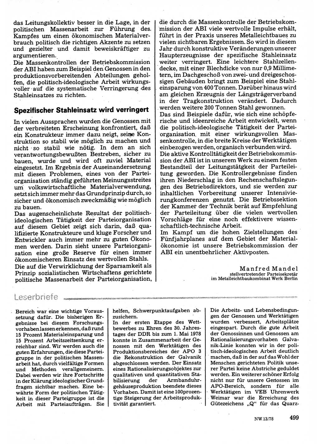 Neuer Weg (NW), Organ des Zentralkomitees (ZK) der SED (Sozialistische Einheitspartei Deutschlands) für Fragen des Parteilebens, 33. Jahrgang [Deutsche Demokratische Republik (DDR)] 1978, Seite 499 (NW ZK SED DDR 1978, S. 499)