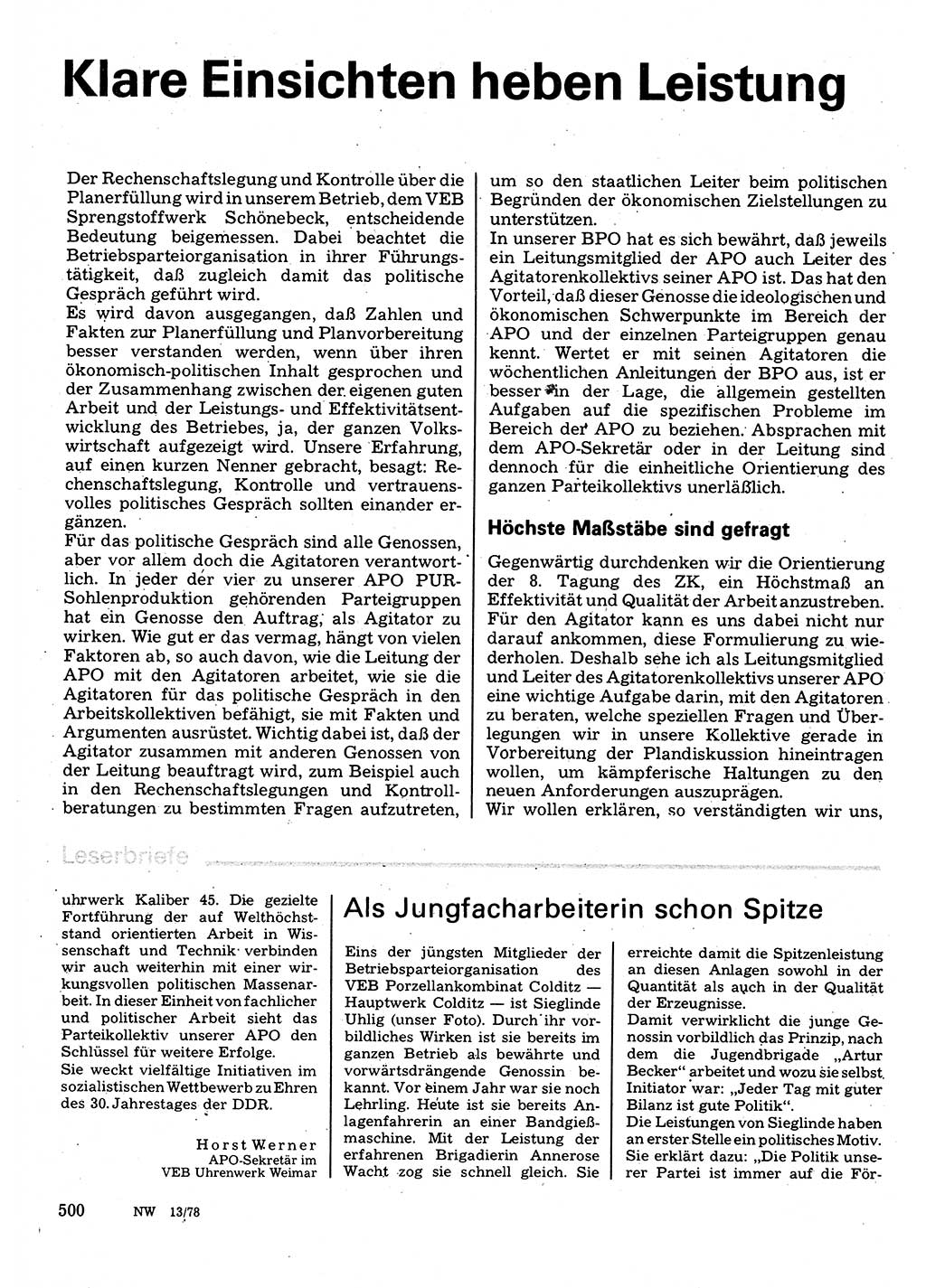 Neuer Weg (NW), Organ des Zentralkomitees (ZK) der SED (Sozialistische Einheitspartei Deutschlands) für Fragen des Parteilebens, 33. Jahrgang [Deutsche Demokratische Republik (DDR)] 1978, Seite 500 (NW ZK SED DDR 1978, S. 500)