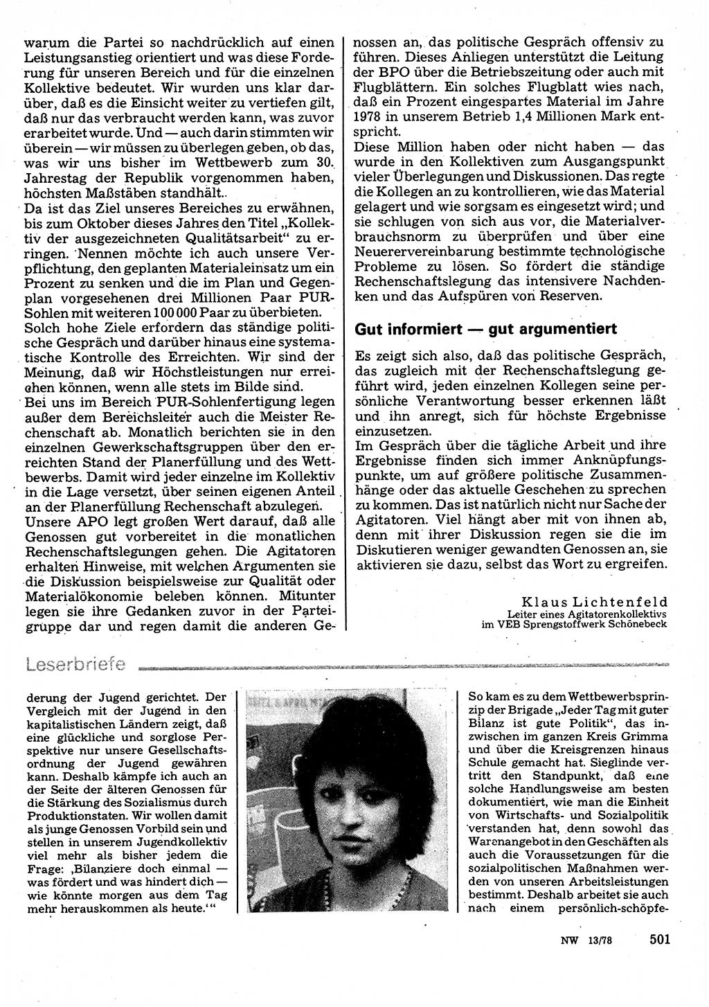 Neuer Weg (NW), Organ des Zentralkomitees (ZK) der SED (Sozialistische Einheitspartei Deutschlands) für Fragen des Parteilebens, 33. Jahrgang [Deutsche Demokratische Republik (DDR)] 1978, Seite 501 (NW ZK SED DDR 1978, S. 501)