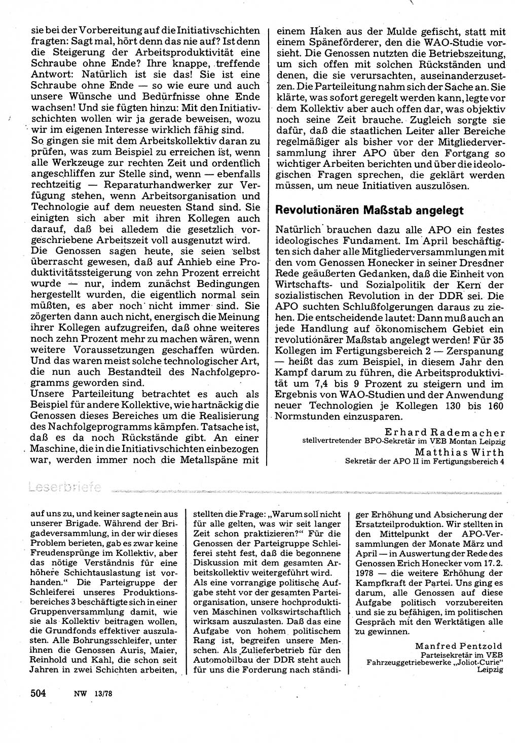 Neuer Weg (NW), Organ des Zentralkomitees (ZK) der SED (Sozialistische Einheitspartei Deutschlands) für Fragen des Parteilebens, 33. Jahrgang [Deutsche Demokratische Republik (DDR)] 1978, Seite 504 (NW ZK SED DDR 1978, S. 504)