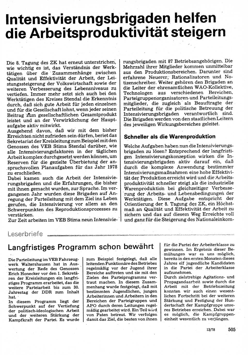 Neuer Weg (NW), Organ des Zentralkomitees (ZK) der SED (Sozialistische Einheitspartei Deutschlands) für Fragen des Parteilebens, 33. Jahrgang [Deutsche Demokratische Republik (DDR)] 1978, Seite 505 (NW ZK SED DDR 1978, S. 505)