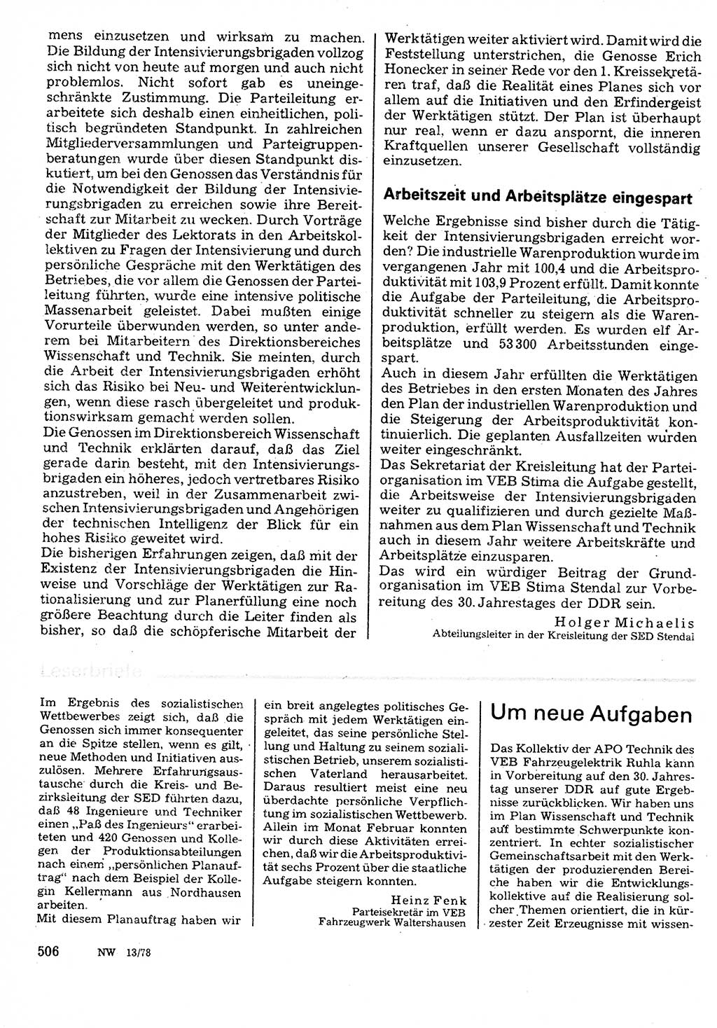 Neuer Weg (NW), Organ des Zentralkomitees (ZK) der SED (Sozialistische Einheitspartei Deutschlands) für Fragen des Parteilebens, 33. Jahrgang [Deutsche Demokratische Republik (DDR)] 1978, Seite 506 (NW ZK SED DDR 1978, S. 506)