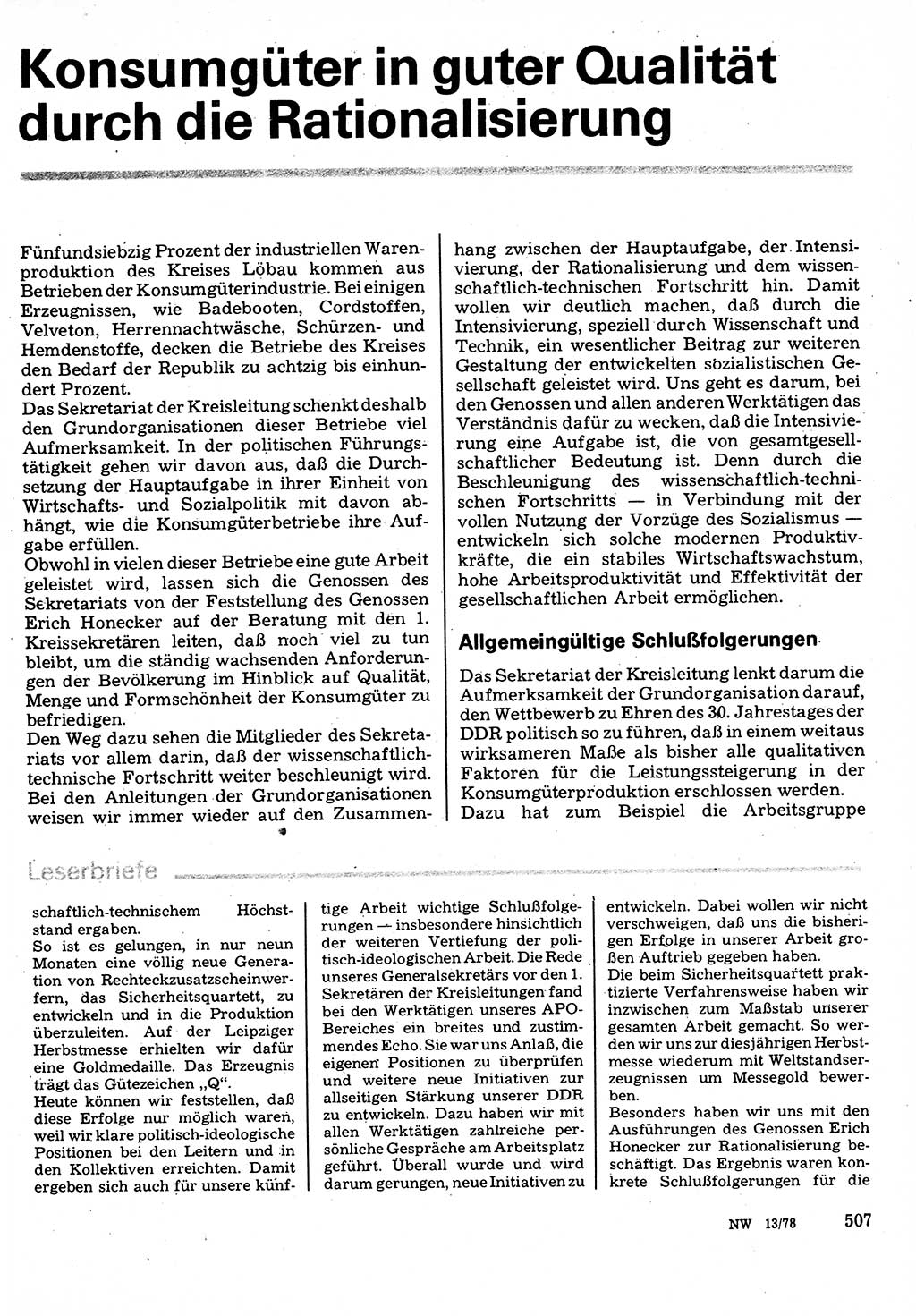 Neuer Weg (NW), Organ des Zentralkomitees (ZK) der SED (Sozialistische Einheitspartei Deutschlands) für Fragen des Parteilebens, 33. Jahrgang [Deutsche Demokratische Republik (DDR)] 1978, Seite 507 (NW ZK SED DDR 1978, S. 507)