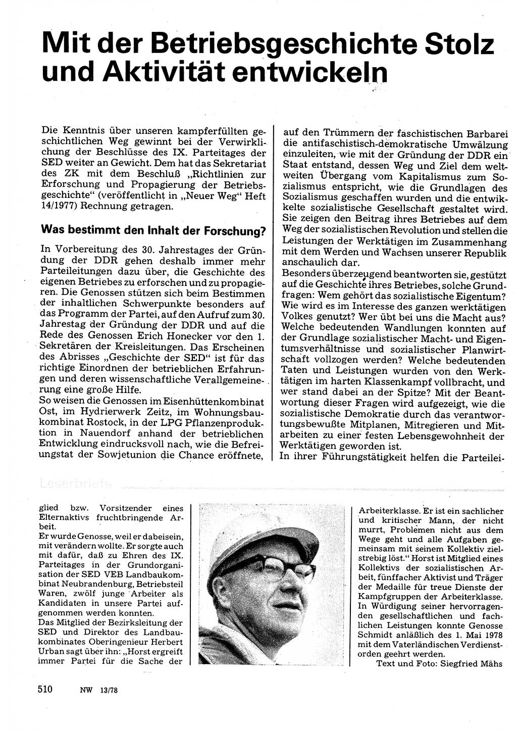 Neuer Weg (NW), Organ des Zentralkomitees (ZK) der SED (Sozialistische Einheitspartei Deutschlands) für Fragen des Parteilebens, 33. Jahrgang [Deutsche Demokratische Republik (DDR)] 1978, Seite 510 (NW ZK SED DDR 1978, S. 510)