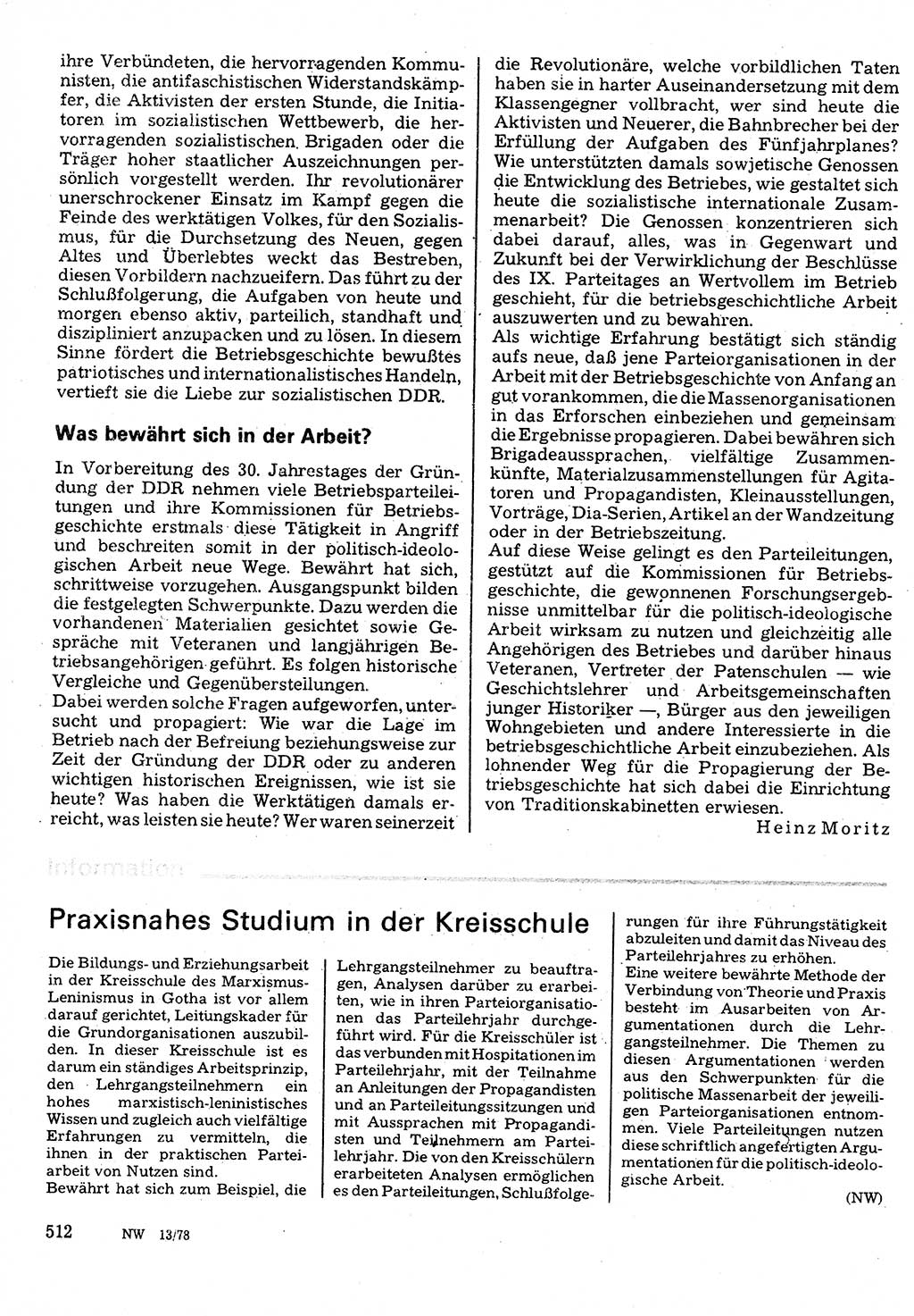 Neuer Weg (NW), Organ des Zentralkomitees (ZK) der SED (Sozialistische Einheitspartei Deutschlands) für Fragen des Parteilebens, 33. Jahrgang [Deutsche Demokratische Republik (DDR)] 1978, Seite 512 (NW ZK SED DDR 1978, S. 512)
