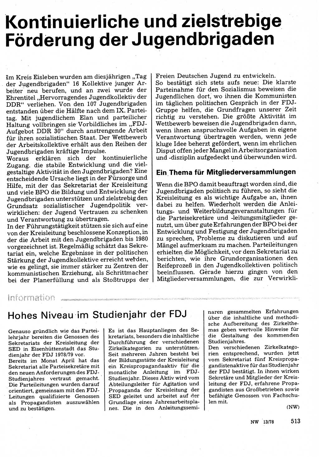 Neuer Weg (NW), Organ des Zentralkomitees (ZK) der SED (Sozialistische Einheitspartei Deutschlands) fÃ¼r Fragen des Parteilebens, 33. Jahrgang [Deutsche Demokratische Republik (DDR)] 1978, Seite 513 (NW ZK SED DDR 1978, S. 513)