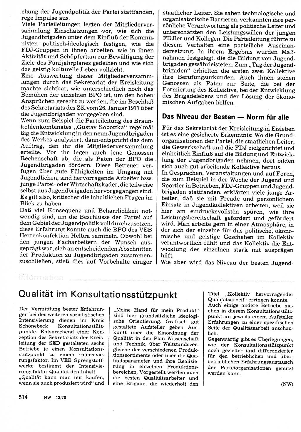 Neuer Weg (NW), Organ des Zentralkomitees (ZK) der SED (Sozialistische Einheitspartei Deutschlands) für Fragen des Parteilebens, 33. Jahrgang [Deutsche Demokratische Republik (DDR)] 1978, Seite 514 (NW ZK SED DDR 1978, S. 514)