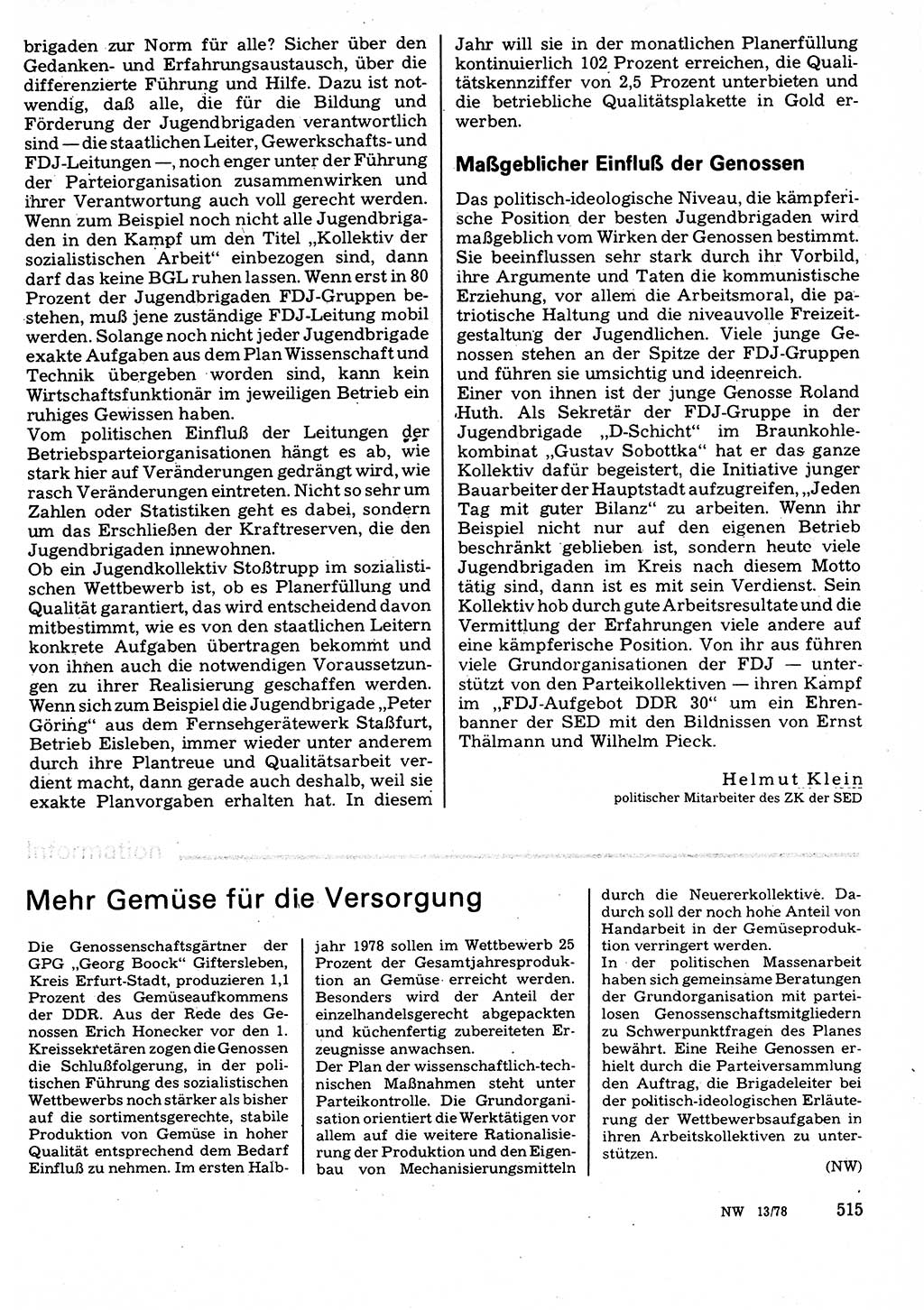 Neuer Weg (NW), Organ des Zentralkomitees (ZK) der SED (Sozialistische Einheitspartei Deutschlands) fÃ¼r Fragen des Parteilebens, 33. Jahrgang [Deutsche Demokratische Republik (DDR)] 1978, Seite 515 (NW ZK SED DDR 1978, S. 515)