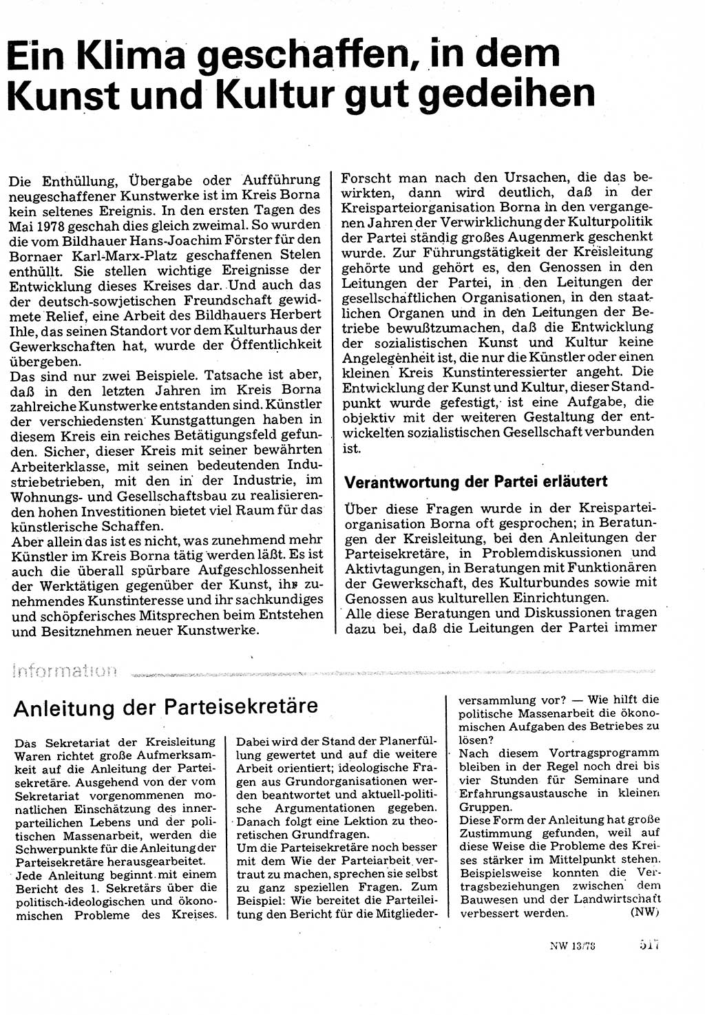 Neuer Weg (NW), Organ des Zentralkomitees (ZK) der SED (Sozialistische Einheitspartei Deutschlands) für Fragen des Parteilebens, 33. Jahrgang [Deutsche Demokratische Republik (DDR)] 1978, Seite 517 (NW ZK SED DDR 1978, S. 517)