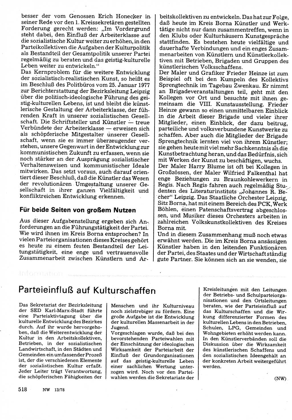 Neuer Weg (NW), Organ des Zentralkomitees (ZK) der SED (Sozialistische Einheitspartei Deutschlands) für Fragen des Parteilebens, 33. Jahrgang [Deutsche Demokratische Republik (DDR)] 1978, Seite 518 (NW ZK SED DDR 1978, S. 518)