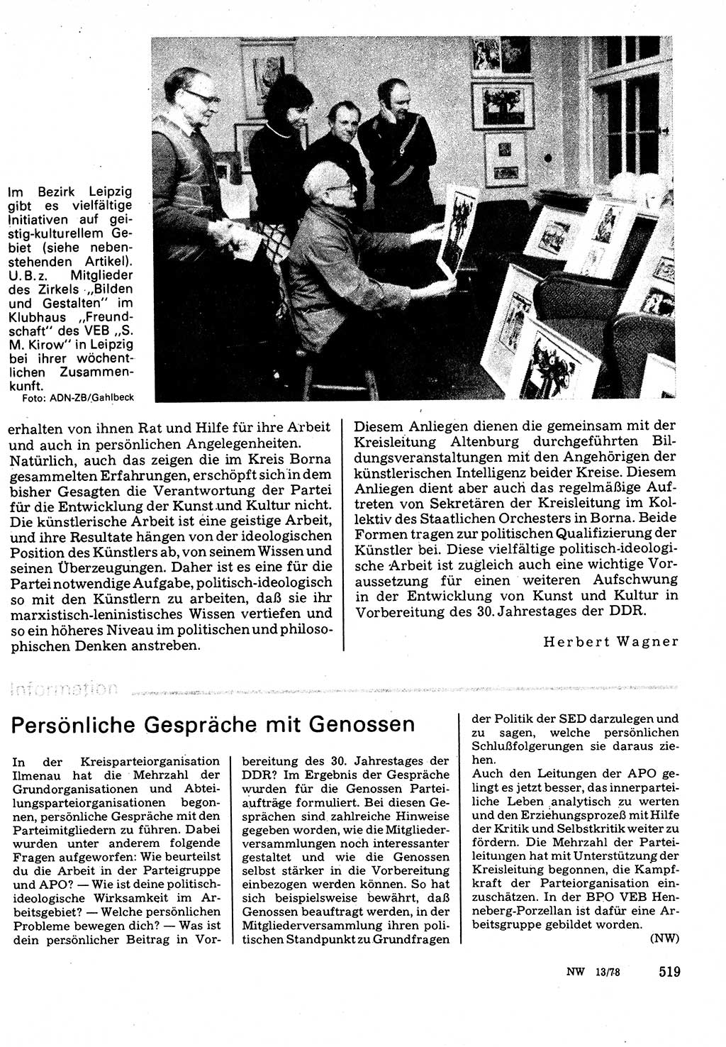 Neuer Weg (NW), Organ des Zentralkomitees (ZK) der SED (Sozialistische Einheitspartei Deutschlands) für Fragen des Parteilebens, 33. Jahrgang [Deutsche Demokratische Republik (DDR)] 1978, Seite 519 (NW ZK SED DDR 1978, S. 519)