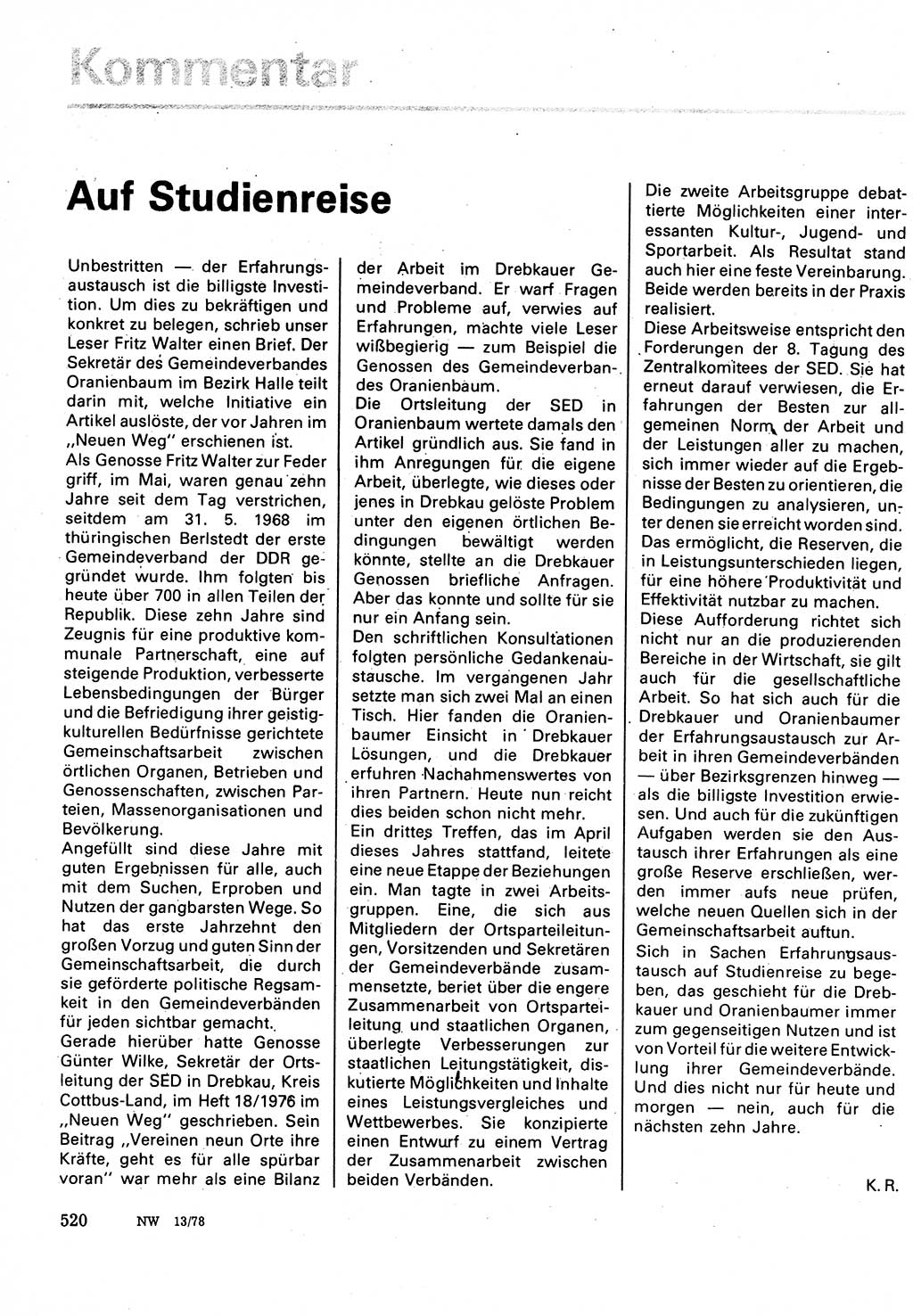 Neuer Weg (NW), Organ des Zentralkomitees (ZK) der SED (Sozialistische Einheitspartei Deutschlands) für Fragen des Parteilebens, 33. Jahrgang [Deutsche Demokratische Republik (DDR)] 1978, Seite 520 (NW ZK SED DDR 1978, S. 520)