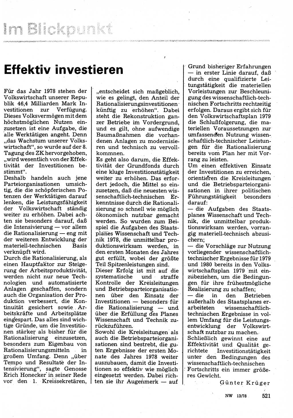 Neuer Weg (NW), Organ des Zentralkomitees (ZK) der SED (Sozialistische Einheitspartei Deutschlands) für Fragen des Parteilebens, 33. Jahrgang [Deutsche Demokratische Republik (DDR)] 1978, Seite 521 (NW ZK SED DDR 1978, S. 521)