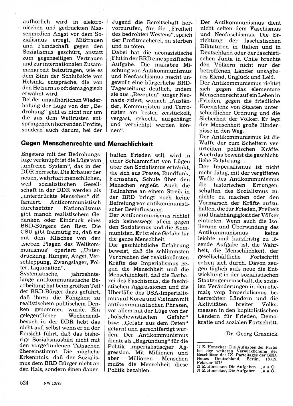 Neuer Weg (NW), Organ des Zentralkomitees (ZK) der SED (Sozialistische Einheitspartei Deutschlands) für Fragen des Parteilebens, 33. Jahrgang [Deutsche Demokratische Republik (DDR)] 1978, Seite 524 (NW ZK SED DDR 1978, S. 524)