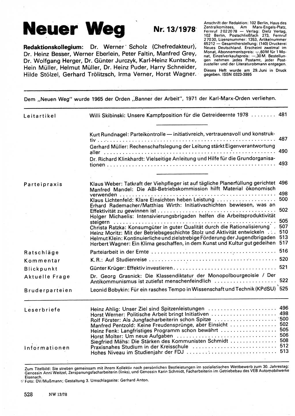 Neuer Weg (NW), Organ des Zentralkomitees (ZK) der SED (Sozialistische Einheitspartei Deutschlands) für Fragen des Parteilebens, 33. Jahrgang [Deutsche Demokratische Republik (DDR)] 1978, Seite 528 (NW ZK SED DDR 1978, S. 528)