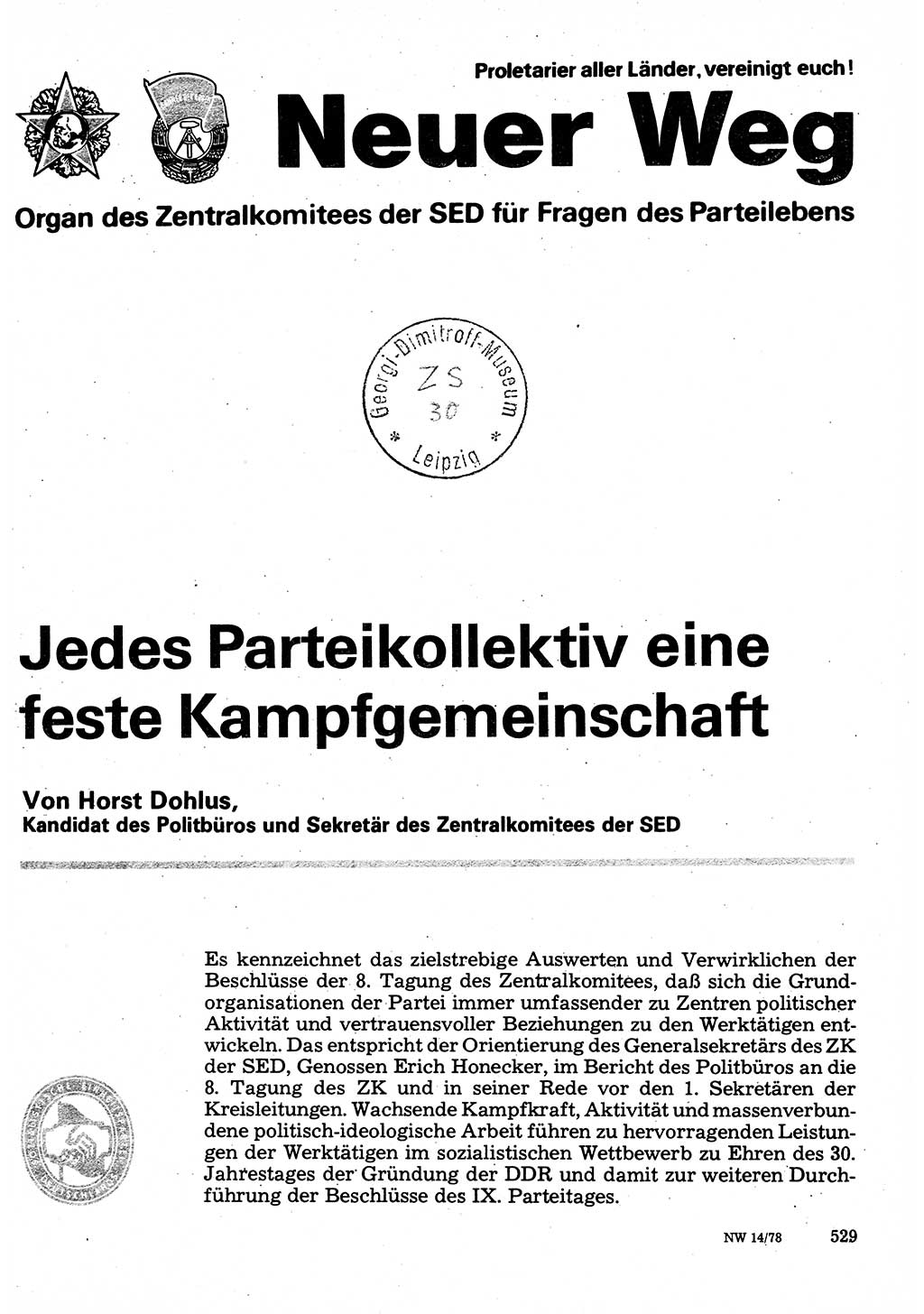 Neuer Weg (NW), Organ des Zentralkomitees (ZK) der SED (Sozialistische Einheitspartei Deutschlands) für Fragen des Parteilebens, 33. Jahrgang [Deutsche Demokratische Republik (DDR)] 1978, Seite 529 (NW ZK SED DDR 1978, S. 529)