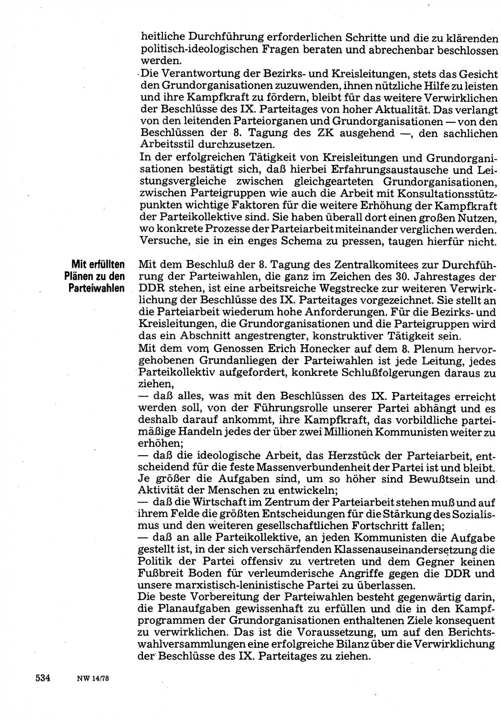 Neuer Weg (NW), Organ des Zentralkomitees (ZK) der SED (Sozialistische Einheitspartei Deutschlands) für Fragen des Parteilebens, 33. Jahrgang [Deutsche Demokratische Republik (DDR)] 1978, Seite 534 (NW ZK SED DDR 1978, S. 534)