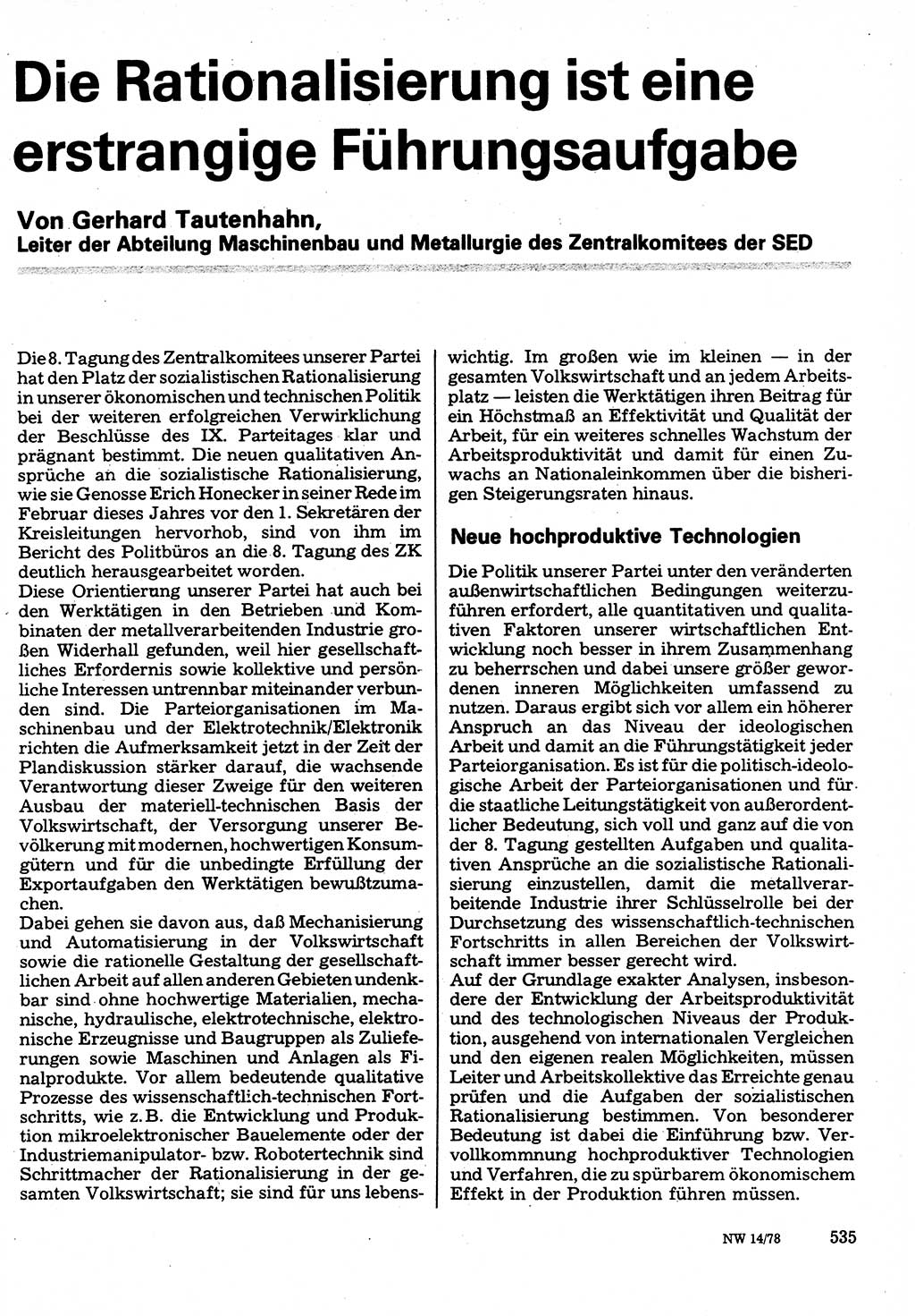 Neuer Weg (NW), Organ des Zentralkomitees (ZK) der SED (Sozialistische Einheitspartei Deutschlands) für Fragen des Parteilebens, 33. Jahrgang [Deutsche Demokratische Republik (DDR)] 1978, Seite 535 (NW ZK SED DDR 1978, S. 535)
