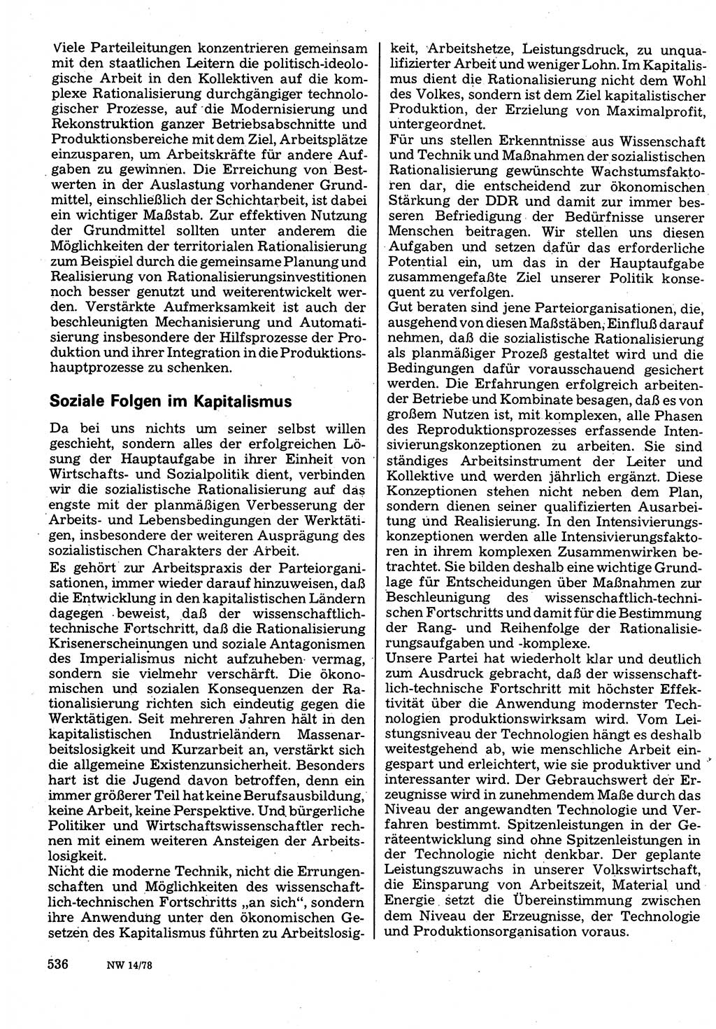 Neuer Weg (NW), Organ des Zentralkomitees (ZK) der SED (Sozialistische Einheitspartei Deutschlands) fÃ¼r Fragen des Parteilebens, 33. Jahrgang [Deutsche Demokratische Republik (DDR)] 1978, Seite 536 (NW ZK SED DDR 1978, S. 536)