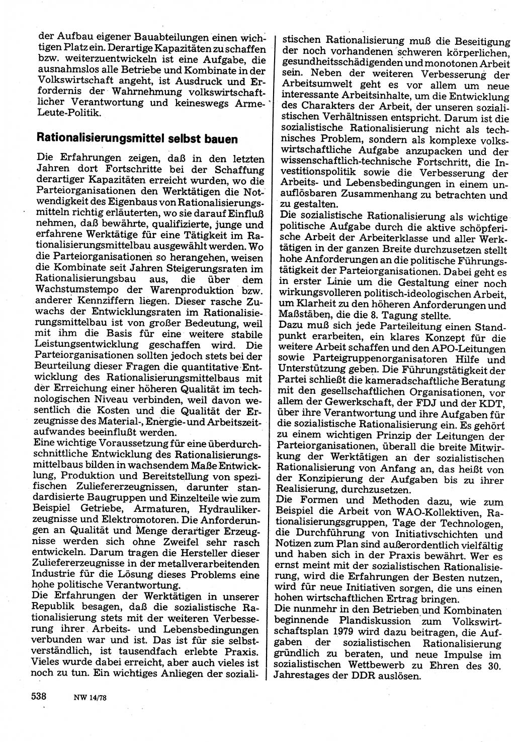 Neuer Weg (NW), Organ des Zentralkomitees (ZK) der SED (Sozialistische Einheitspartei Deutschlands) für Fragen des Parteilebens, 33. Jahrgang [Deutsche Demokratische Republik (DDR)] 1978, Seite 538 (NW ZK SED DDR 1978, S. 538)