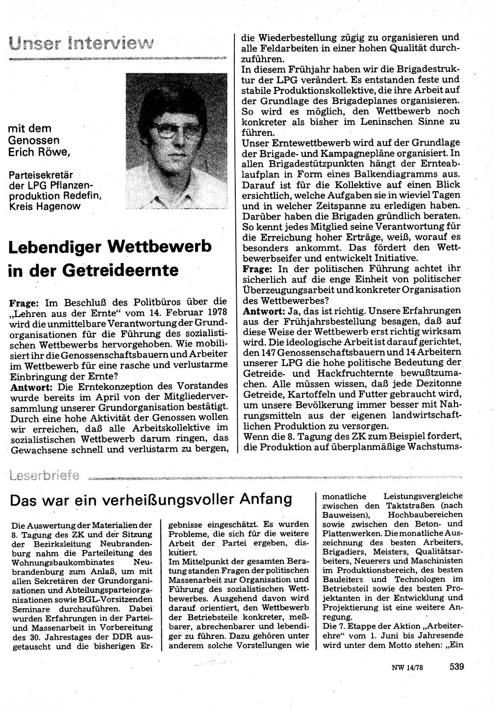 Neuer Weg (NW), Organ des Zentralkomitees (ZK) der SED (Sozialistische Einheitspartei Deutschlands) für Fragen des Parteilebens, 33. Jahrgang [Deutsche Demokratische Republik (DDR)] 1978, Seite 539 (NW ZK SED DDR 1978, S. 539)