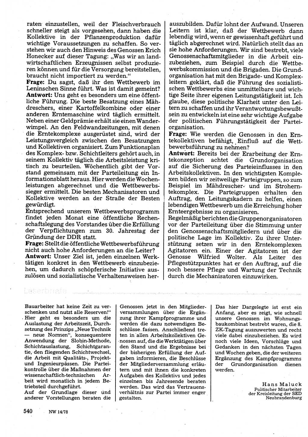 Neuer Weg (NW), Organ des Zentralkomitees (ZK) der SED (Sozialistische Einheitspartei Deutschlands) für Fragen des Parteilebens, 33. Jahrgang [Deutsche Demokratische Republik (DDR)] 1978, Seite 540 (NW ZK SED DDR 1978, S. 540)