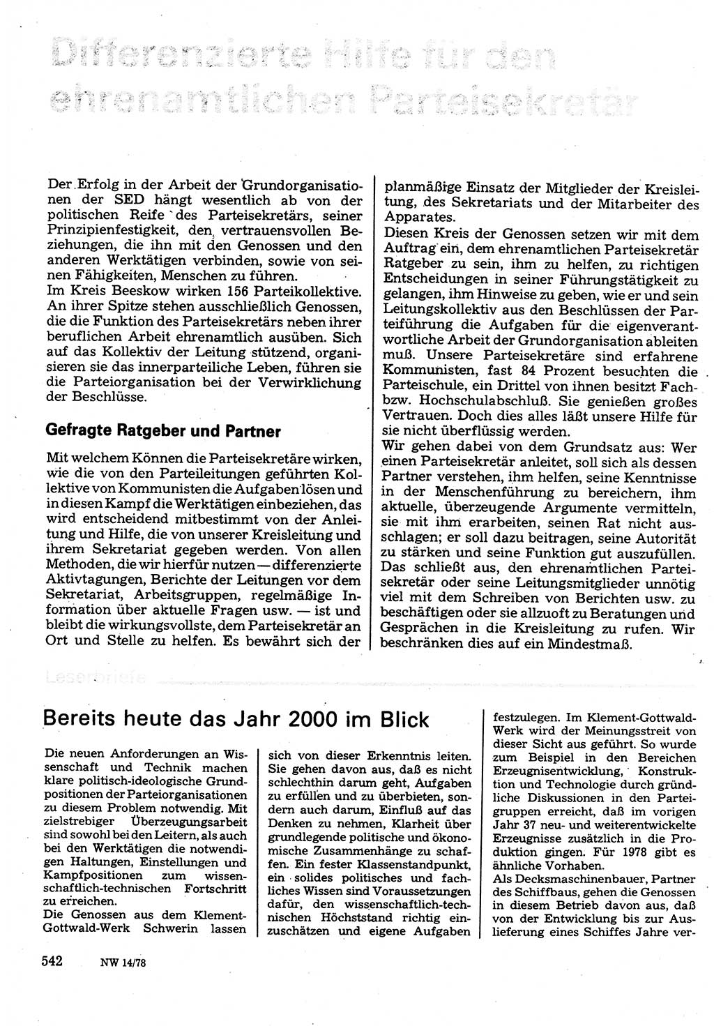 Neuer Weg (NW), Organ des Zentralkomitees (ZK) der SED (Sozialistische Einheitspartei Deutschlands) für Fragen des Parteilebens, 33. Jahrgang [Deutsche Demokratische Republik (DDR)] 1978, Seite 542 (NW ZK SED DDR 1978, S. 542)