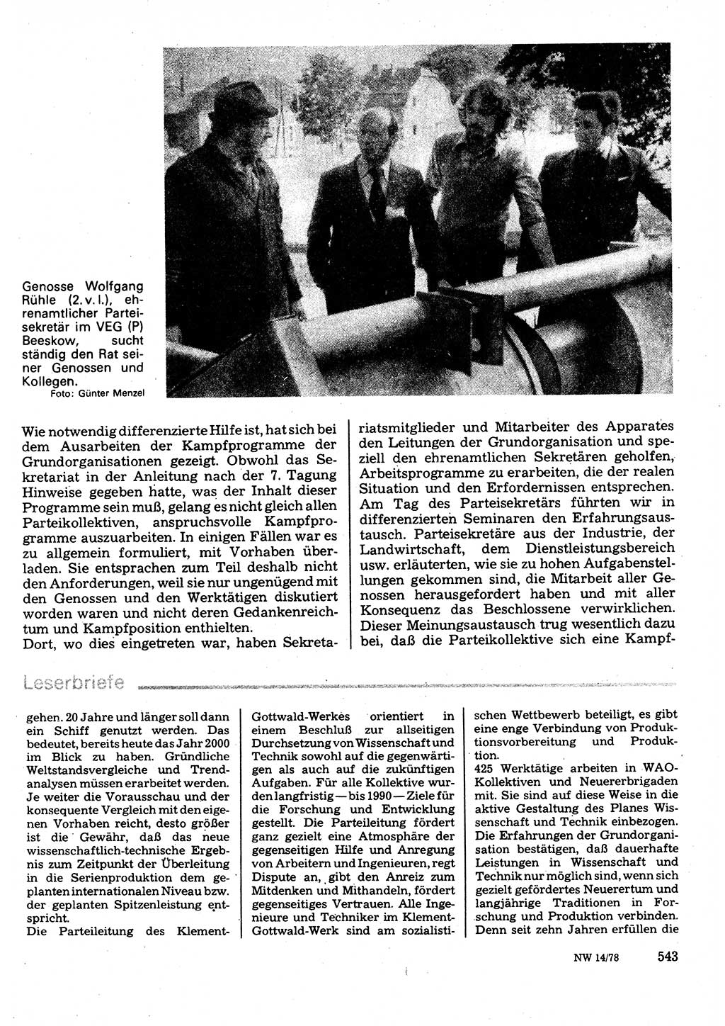 Neuer Weg (NW), Organ des Zentralkomitees (ZK) der SED (Sozialistische Einheitspartei Deutschlands) für Fragen des Parteilebens, 33. Jahrgang [Deutsche Demokratische Republik (DDR)] 1978, Seite 543 (NW ZK SED DDR 1978, S. 543)