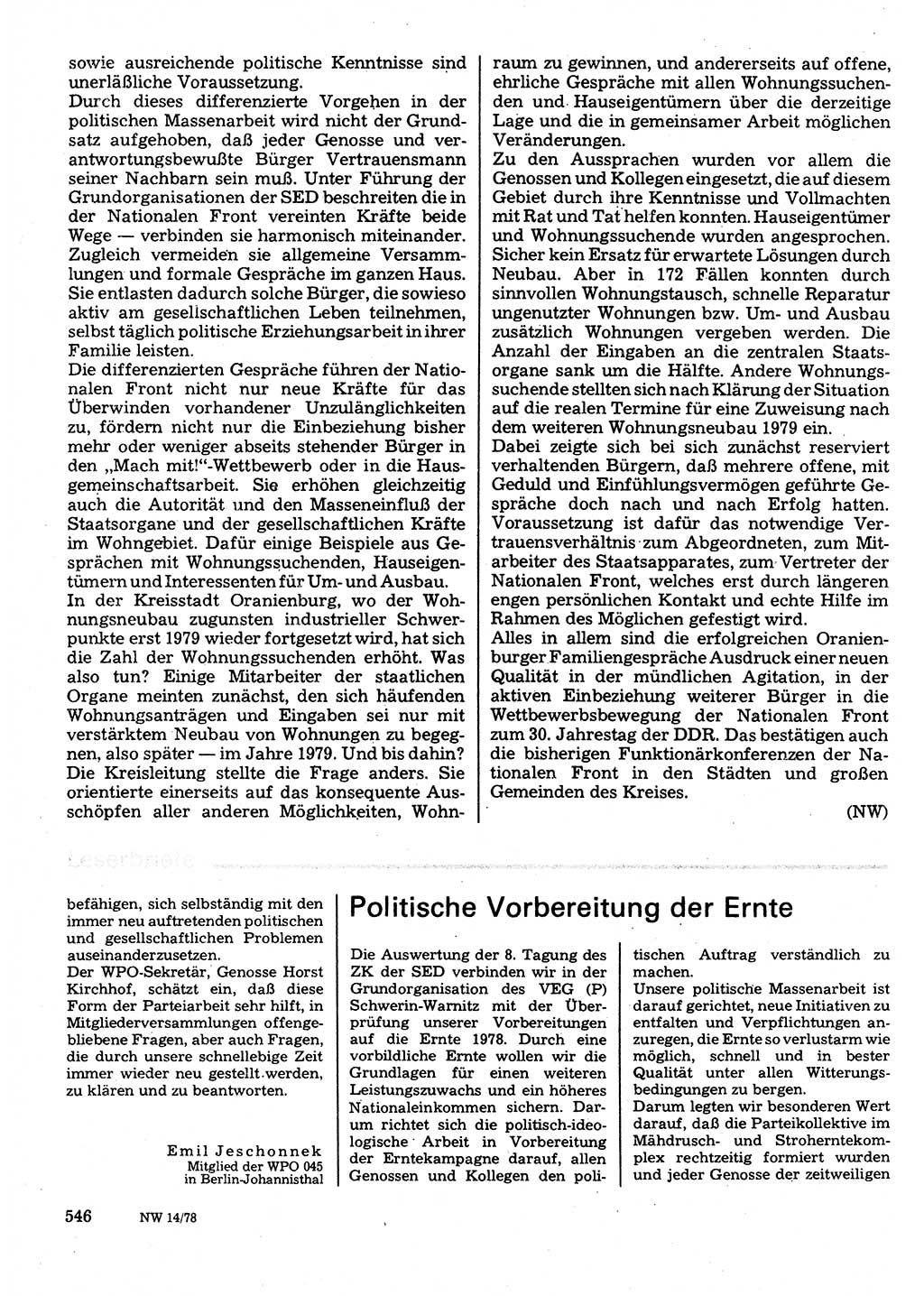 Neuer Weg (NW), Organ des Zentralkomitees (ZK) der SED (Sozialistische Einheitspartei Deutschlands) für Fragen des Parteilebens, 33. Jahrgang [Deutsche Demokratische Republik (DDR)] 1978, Seite 546 (NW ZK SED DDR 1978, S. 546)