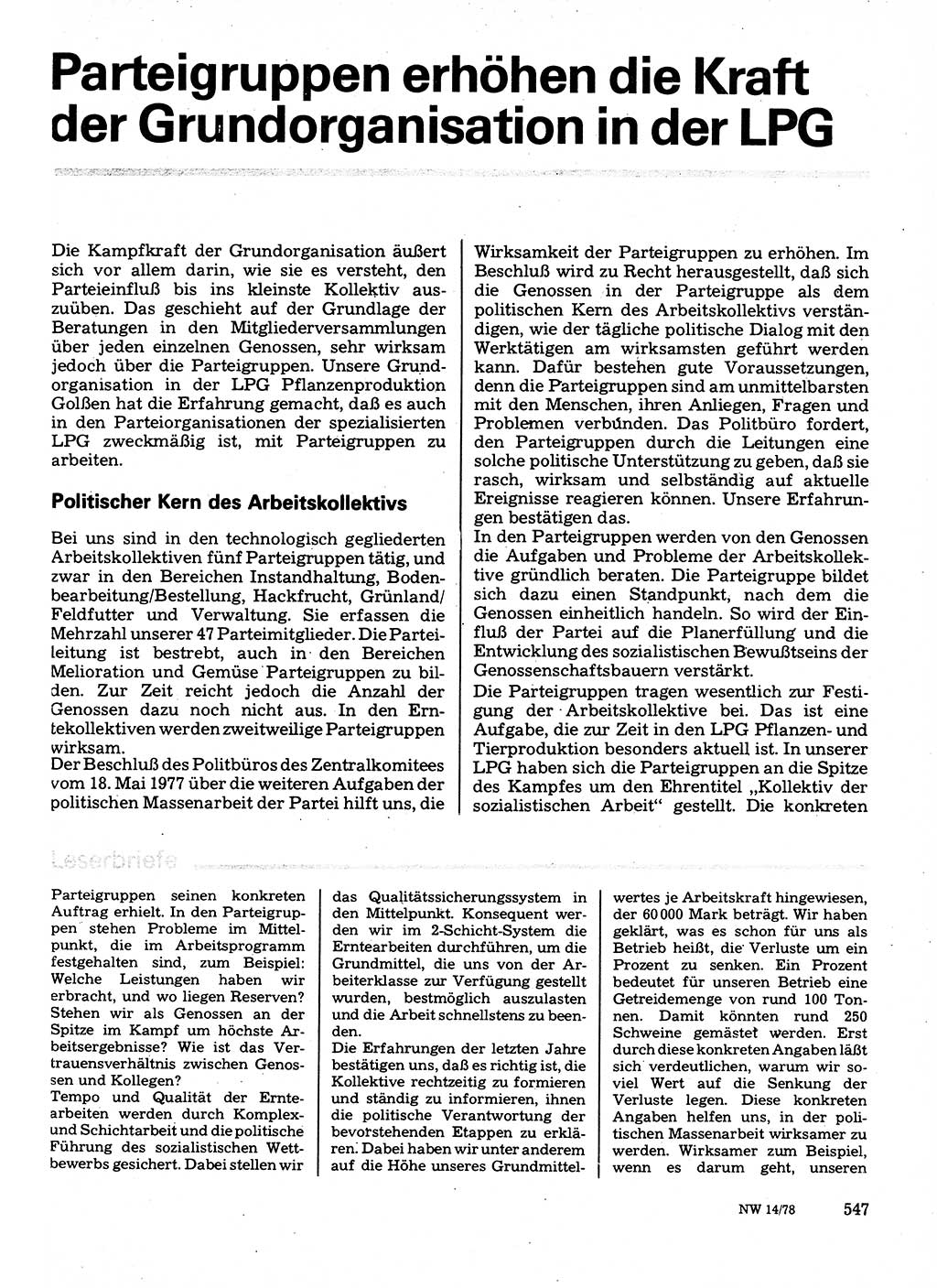 Neuer Weg (NW), Organ des Zentralkomitees (ZK) der SED (Sozialistische Einheitspartei Deutschlands) fÃ¼r Fragen des Parteilebens, 33. Jahrgang [Deutsche Demokratische Republik (DDR)] 1978, Seite 547 (NW ZK SED DDR 1978, S. 547)