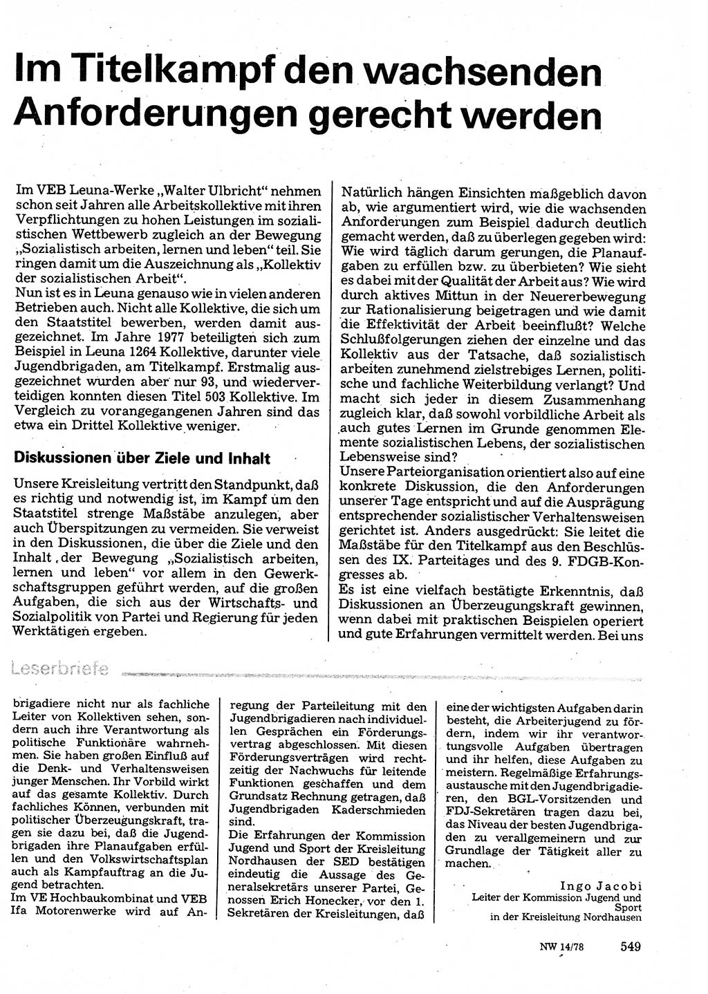 Neuer Weg (NW), Organ des Zentralkomitees (ZK) der SED (Sozialistische Einheitspartei Deutschlands) für Fragen des Parteilebens, 33. Jahrgang [Deutsche Demokratische Republik (DDR)] 1978, Seite 549 (NW ZK SED DDR 1978, S. 549)