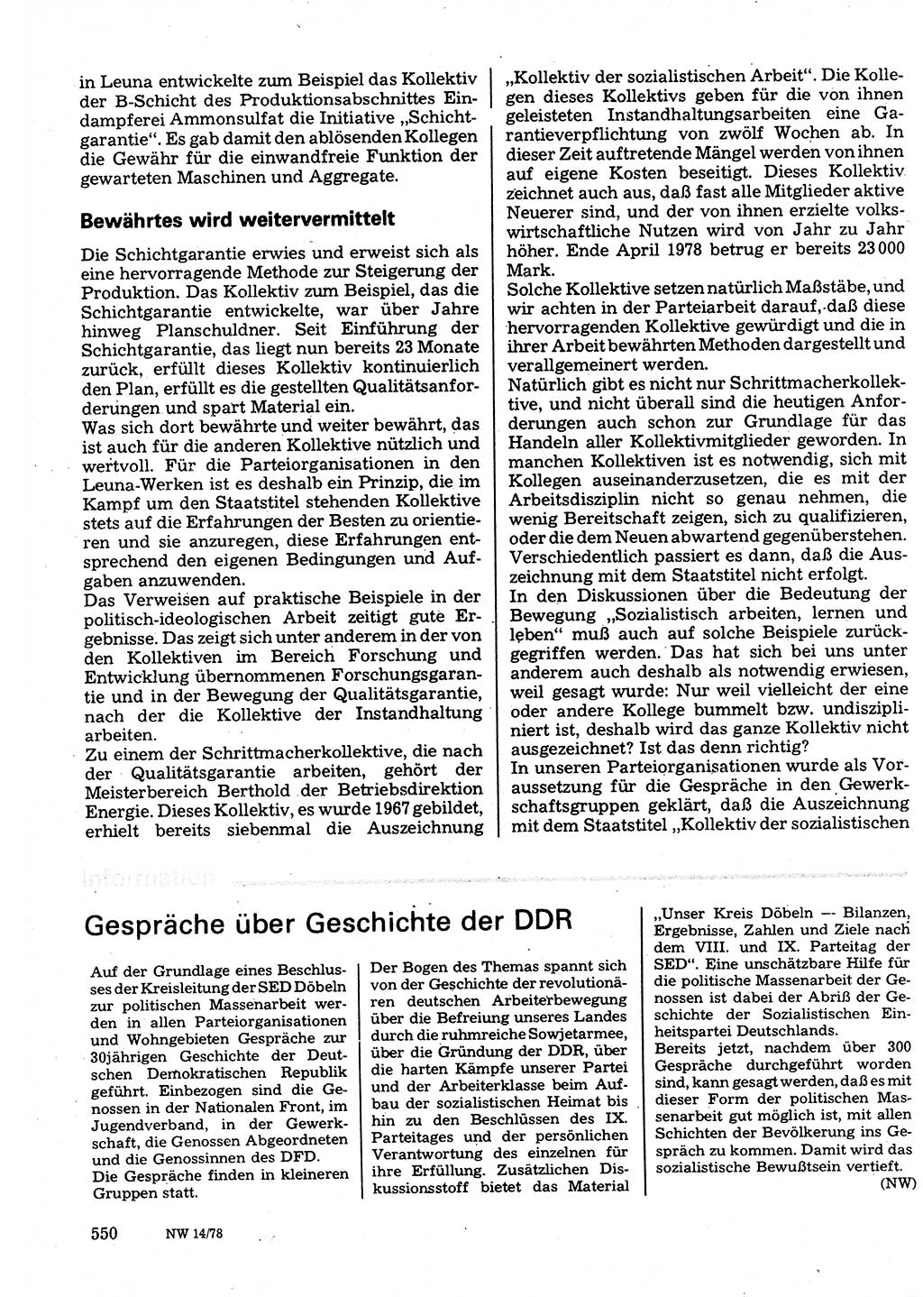 Neuer Weg (NW), Organ des Zentralkomitees (ZK) der SED (Sozialistische Einheitspartei Deutschlands) für Fragen des Parteilebens, 33. Jahrgang [Deutsche Demokratische Republik (DDR)] 1978, Seite 550 (NW ZK SED DDR 1978, S. 550)