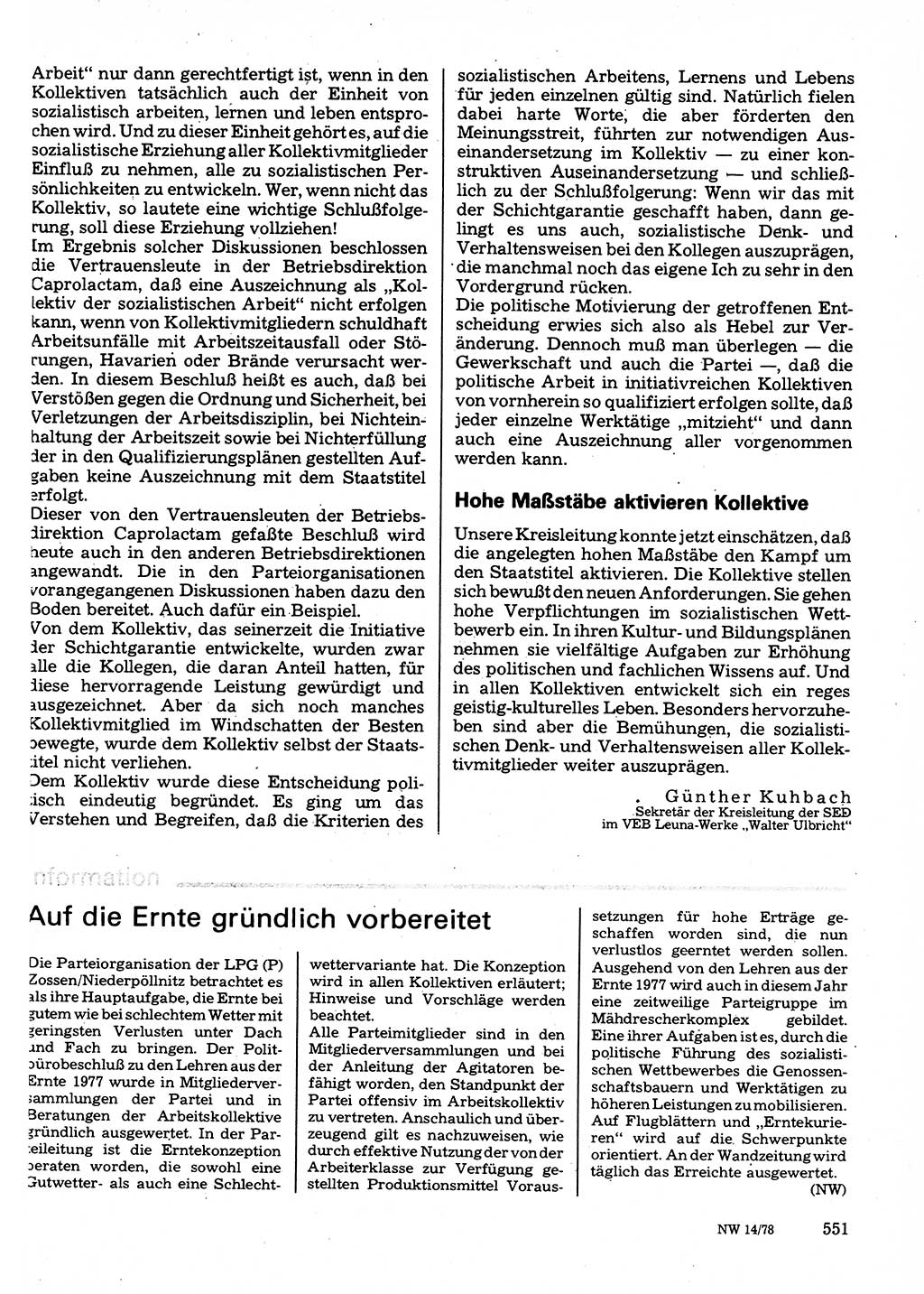 Neuer Weg (NW), Organ des Zentralkomitees (ZK) der SED (Sozialistische Einheitspartei Deutschlands) für Fragen des Parteilebens, 33. Jahrgang [Deutsche Demokratische Republik (DDR)] 1978, Seite 551 (NW ZK SED DDR 1978, S. 551)
