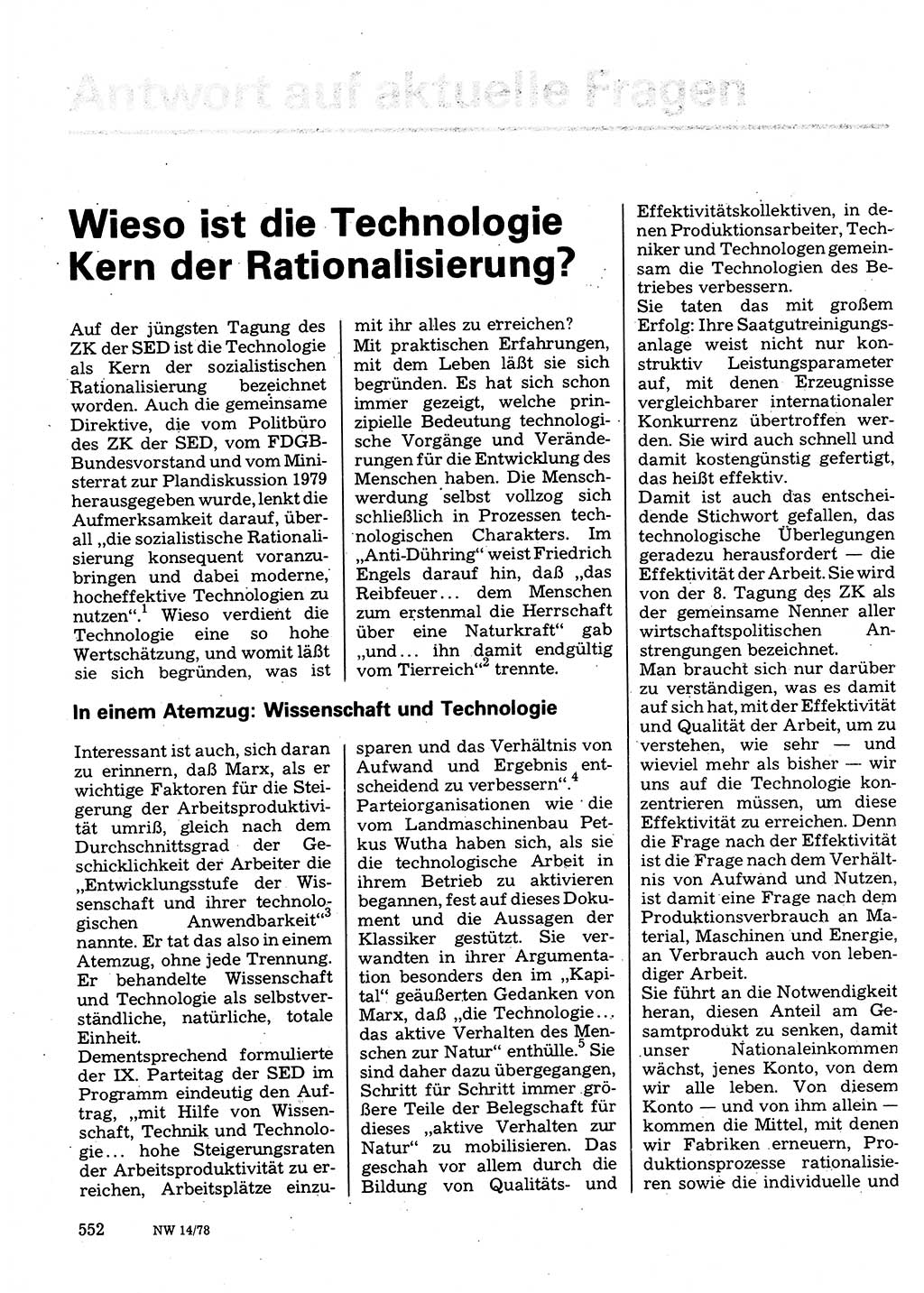 Neuer Weg (NW), Organ des Zentralkomitees (ZK) der SED (Sozialistische Einheitspartei Deutschlands) für Fragen des Parteilebens, 33. Jahrgang [Deutsche Demokratische Republik (DDR)] 1978, Seite 552 (NW ZK SED DDR 1978, S. 552)